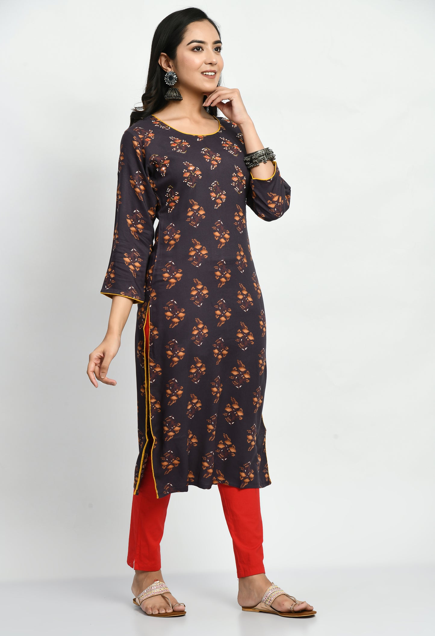 MAURYA Women's Rayon Coffee Solid Calf Length Floral Print with Beads and Mirror Straight Kurti with Mask (MKT047)