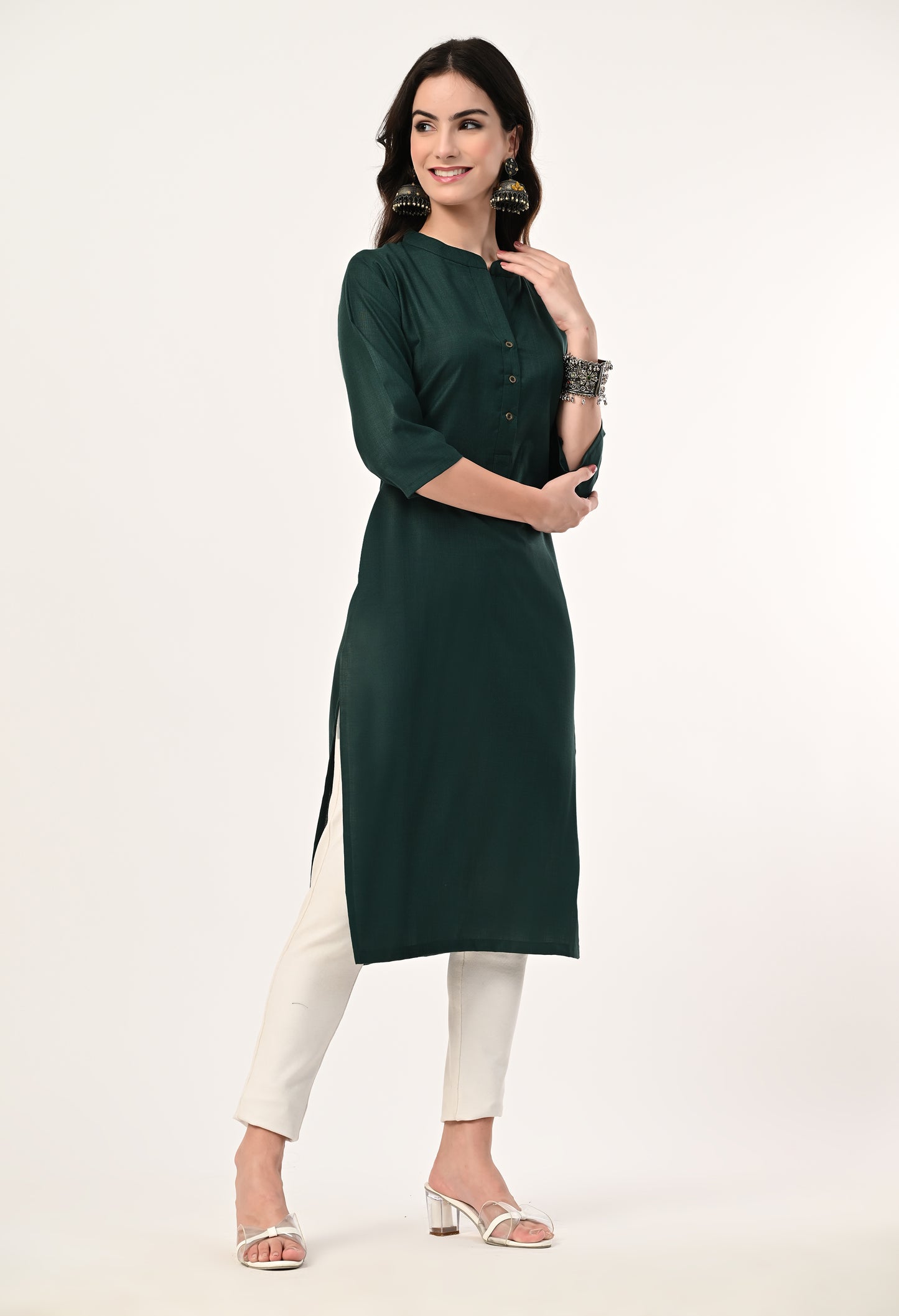 MAURYA Women's Bottel Green Cotton Blend Solid Straight Kurti (MKT141)