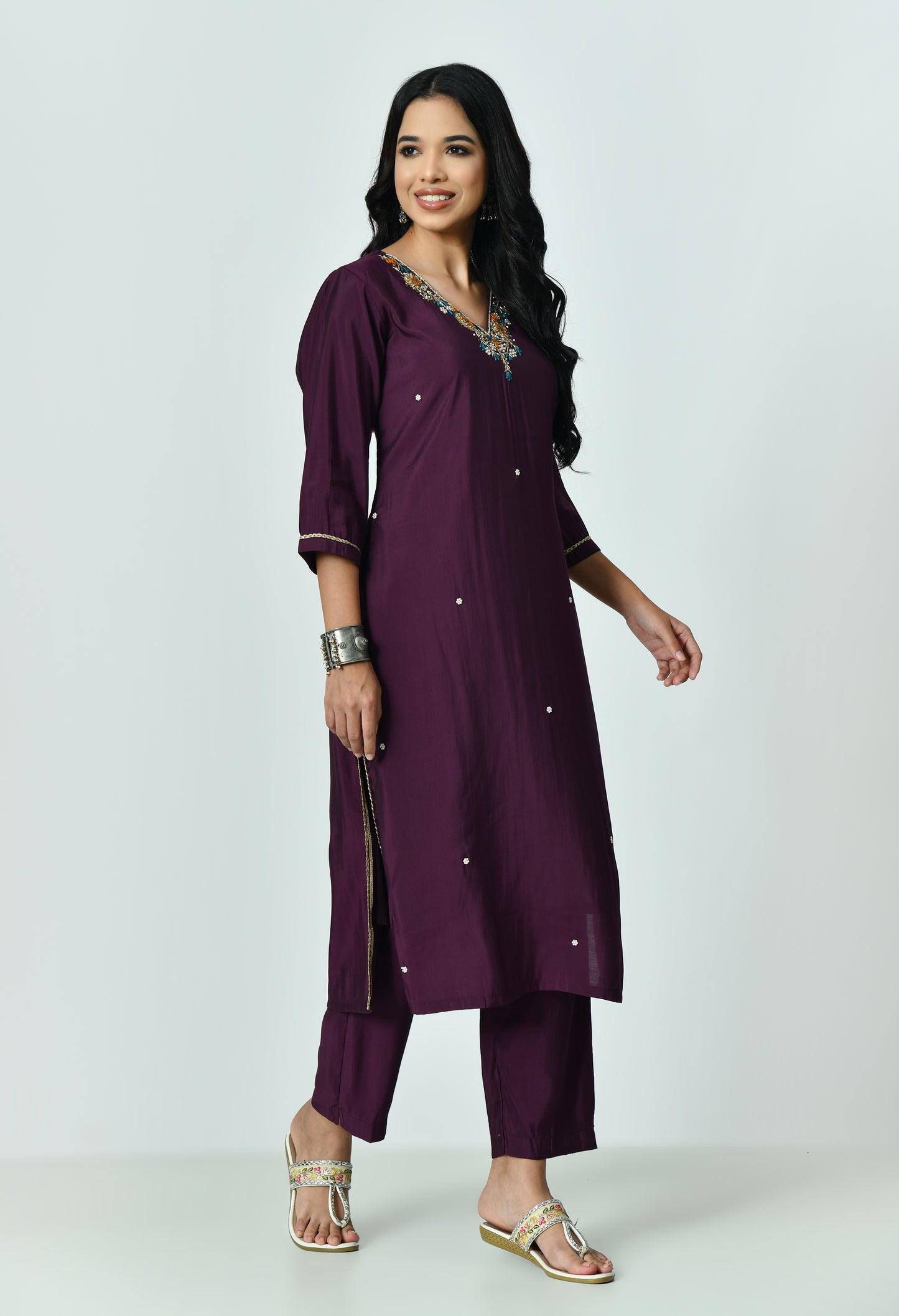 MAURYA Women's Purple Colour Poly Silk Embroidered V-Neck Beautiful Kurta Set with Stylish Dupatta (WMKS001)