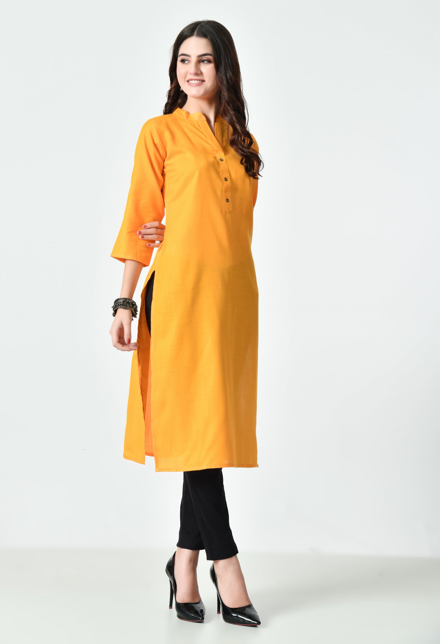 MAURYA Women's Orange Color Solid Cotton Blend Regular Straight Kurti (MKT131)