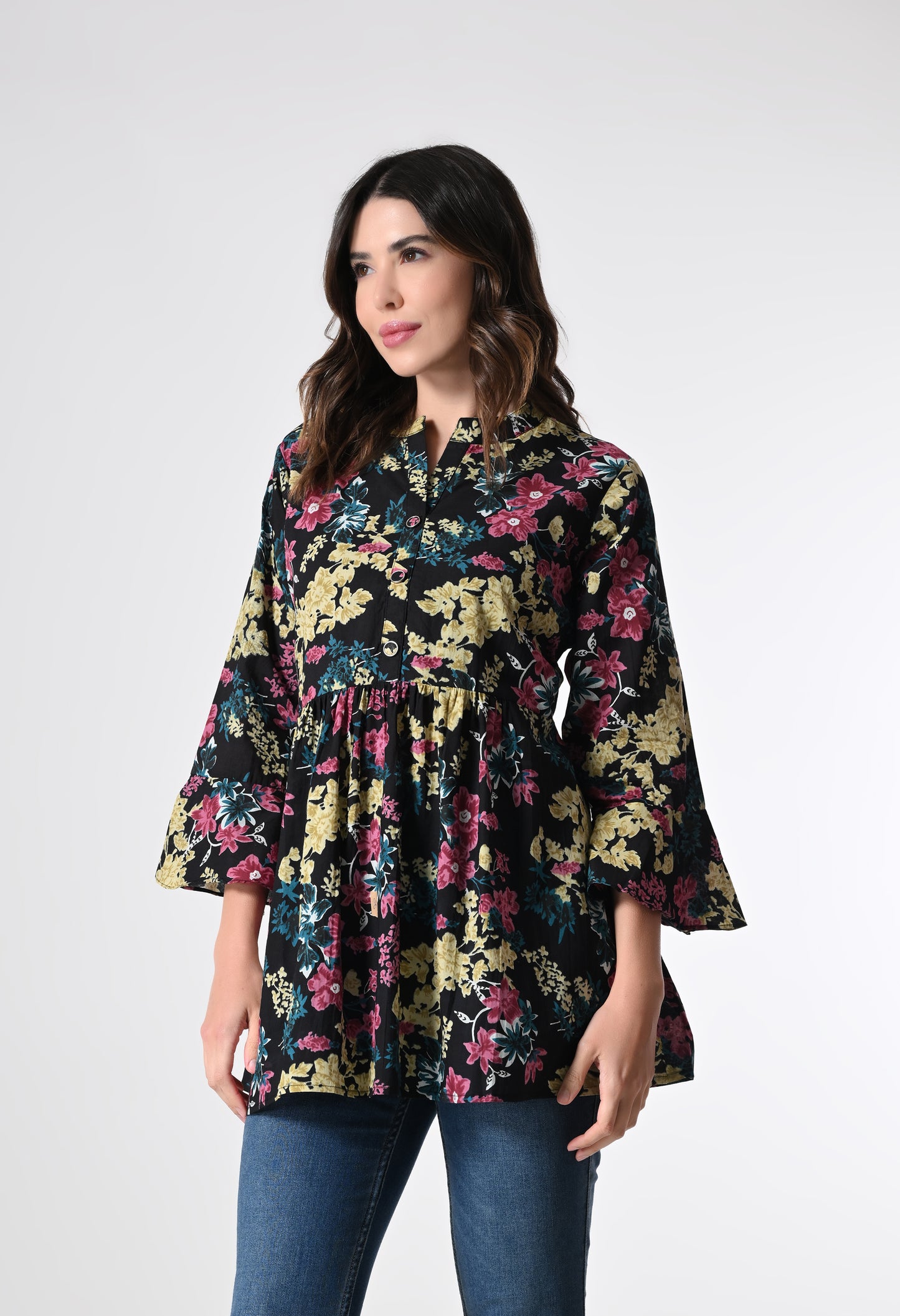 MAURYA Women's Black Color Floral Print Regular V Neck Top (MTOP006)