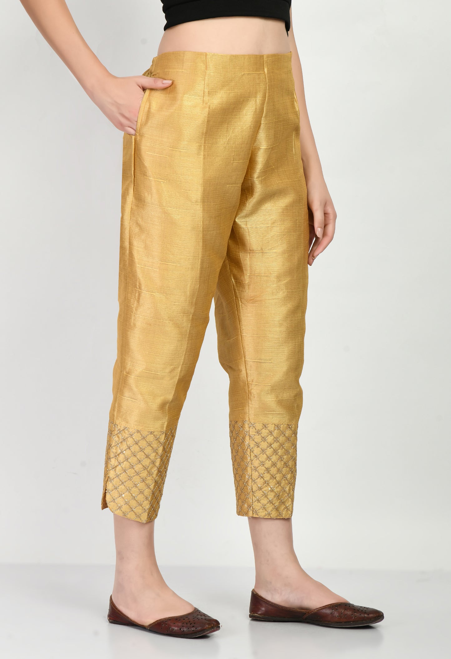 MAURYA Women's Silk Golden Color Cigarette Pant