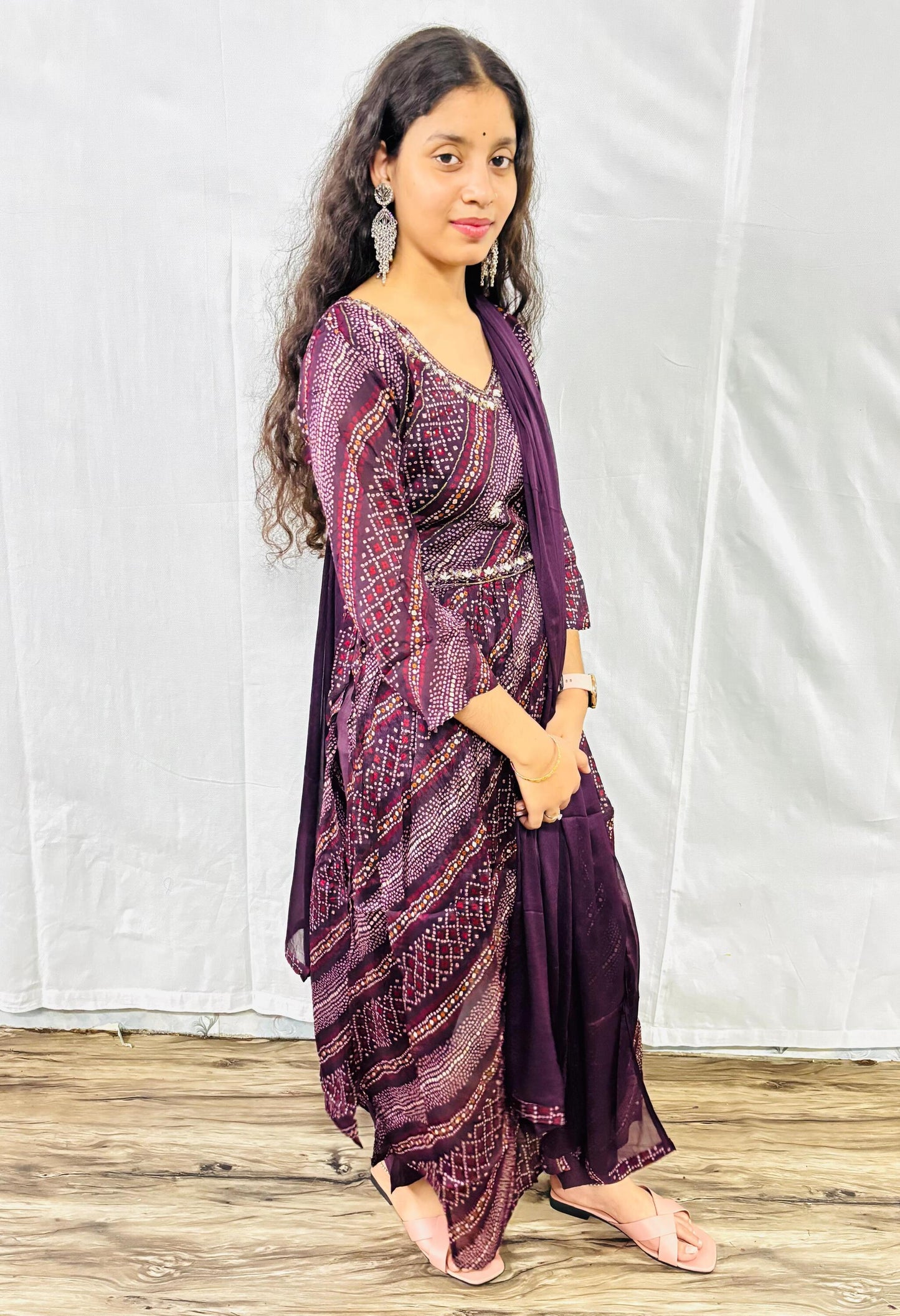 MAURYA Women Purple Printed Georgette Naira Set Set with Dupatta (WMKS019)