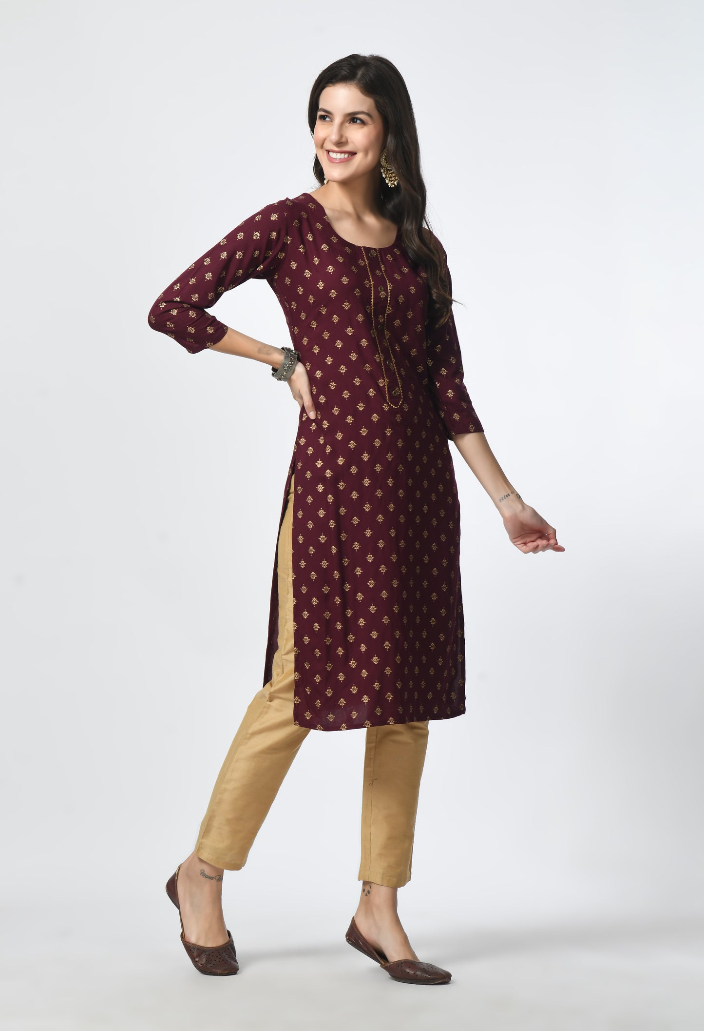 MAURYA Women's Wine Rayon 12Kg Gold Floral Print Lace with Button Straight Kurti (MKT119)