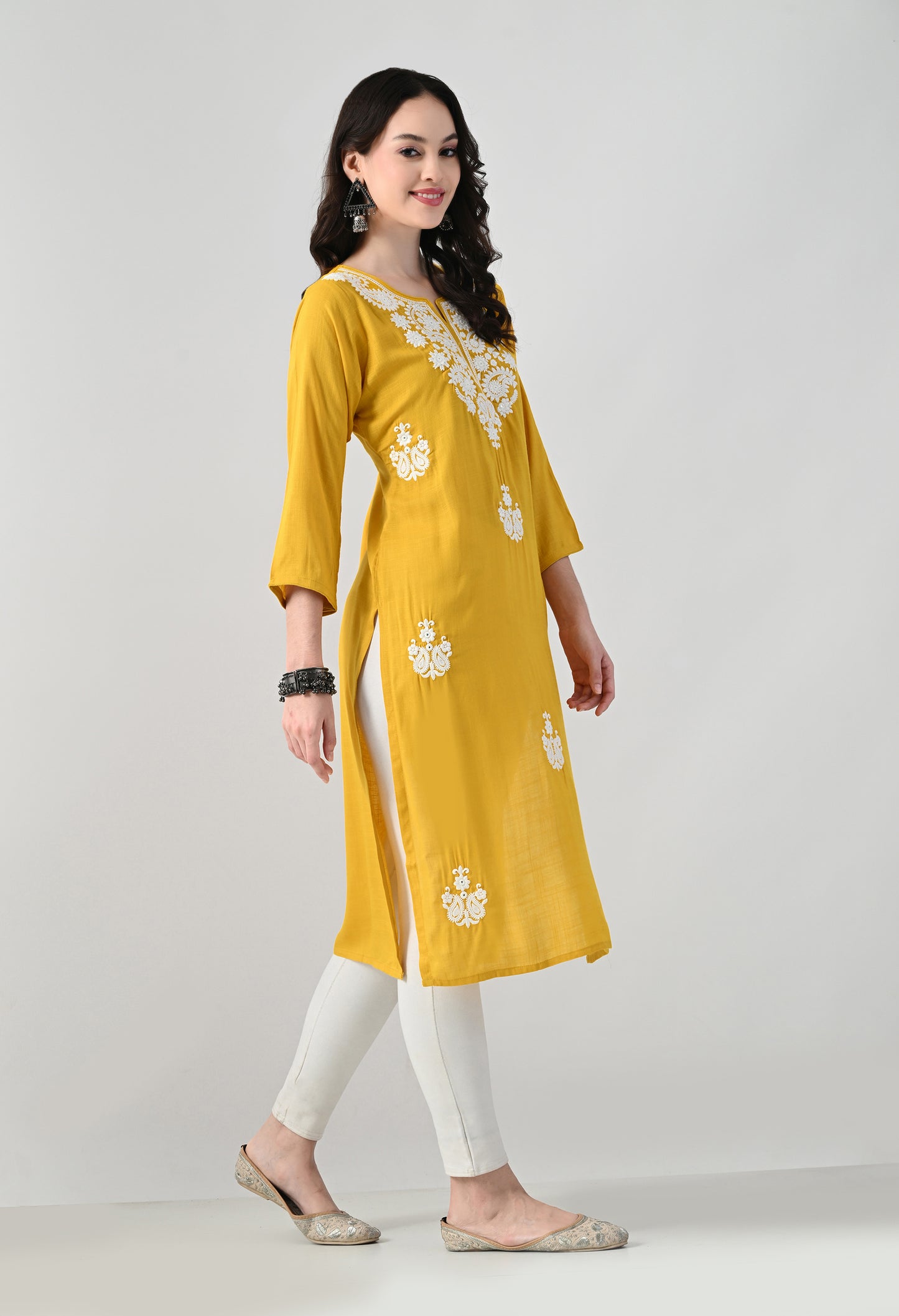 MAURYA Women's Yellow Rayon Slub Round Neck Embroidered Kurti (MKT146)