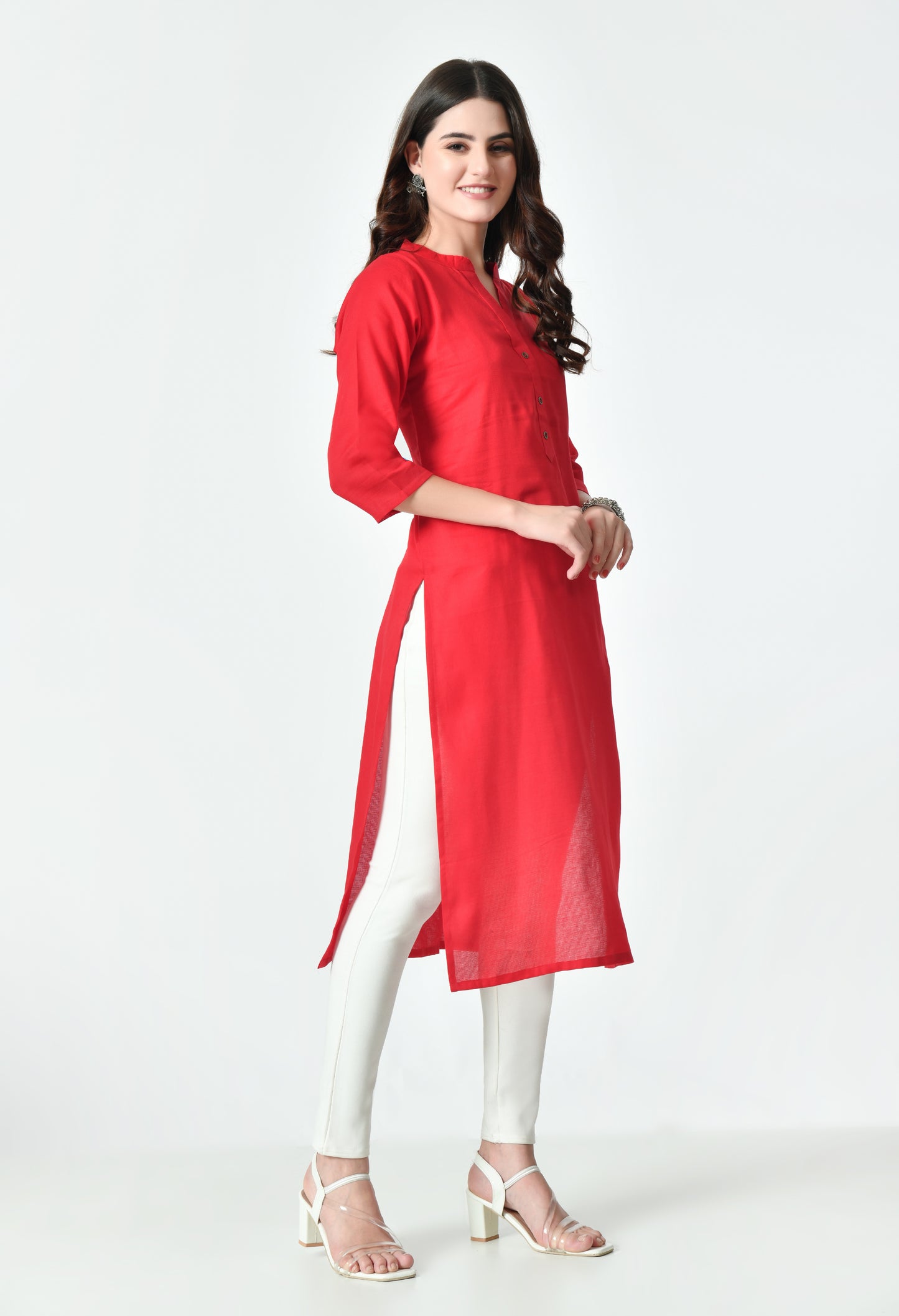 MAURYA Women's Red Color Solid Cotton Blend Regular Straight Kurti (MKT127)
