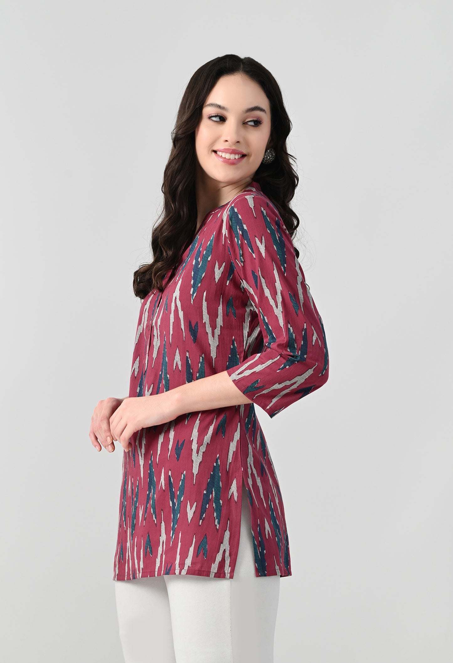 MAURYA Women's Pink Color Ikkat Print Regular V Neck Top (MTOP008)