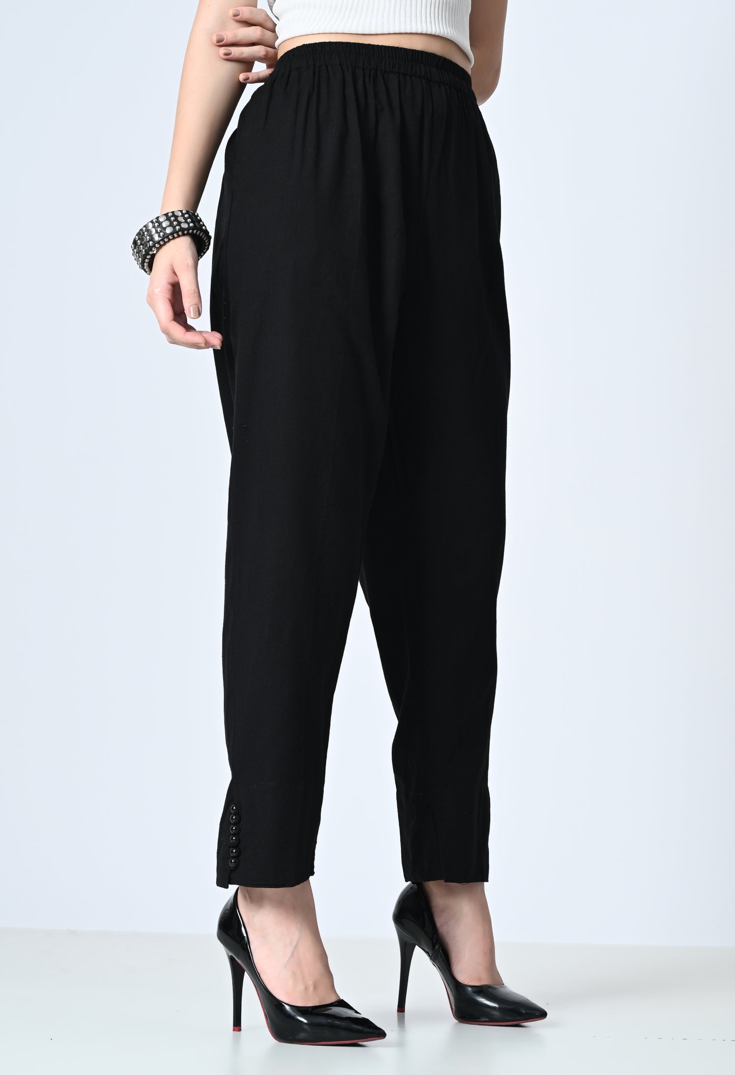 MAURYA Women's Black 100% Cotton Full-Elasticated Waist Regular Pant with 2 Side Pockets (MPT011)