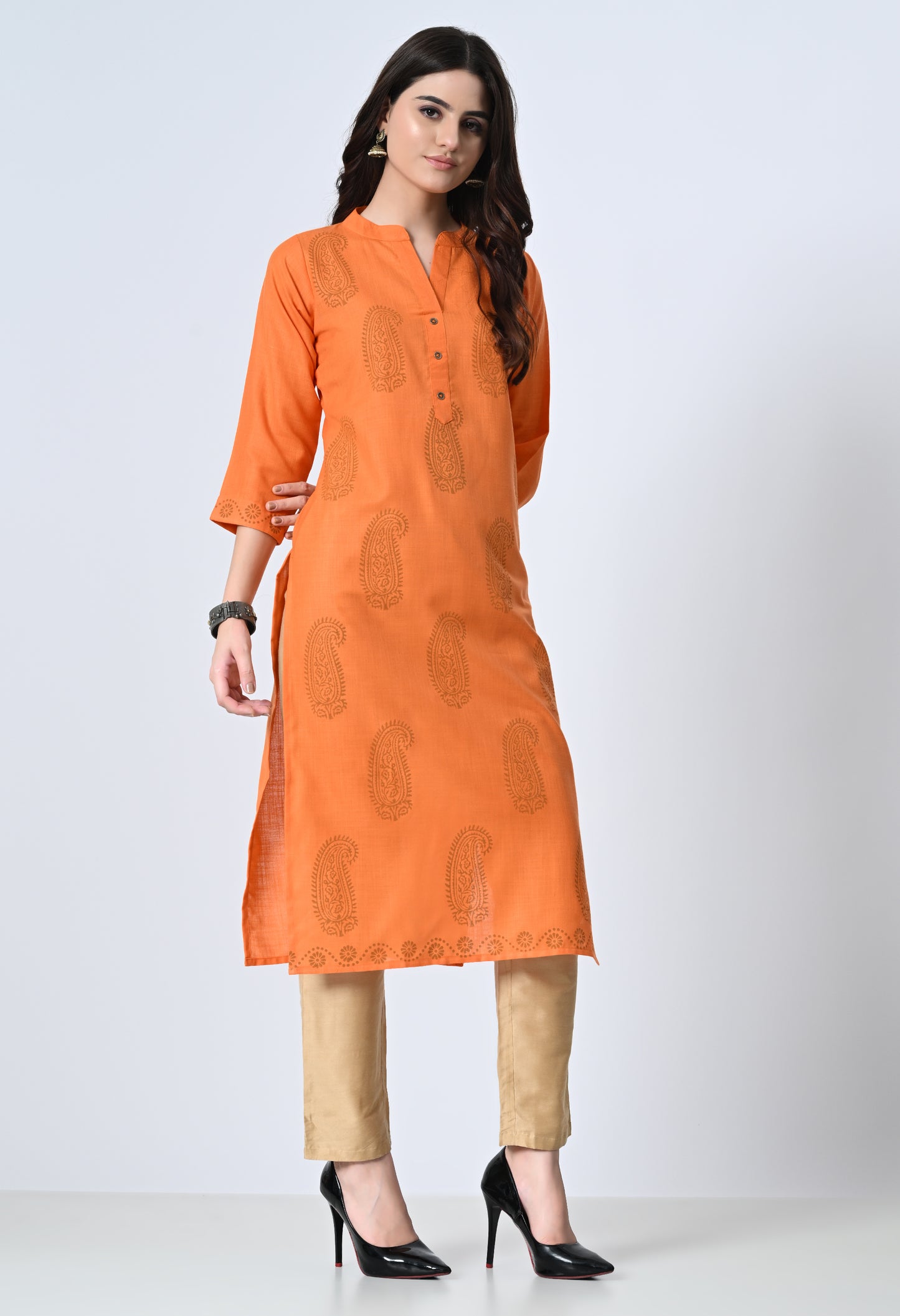 MAURYA Women's Cotton Blend Printed Orange Calf Length High Neck Straight Kurta (MKT138)