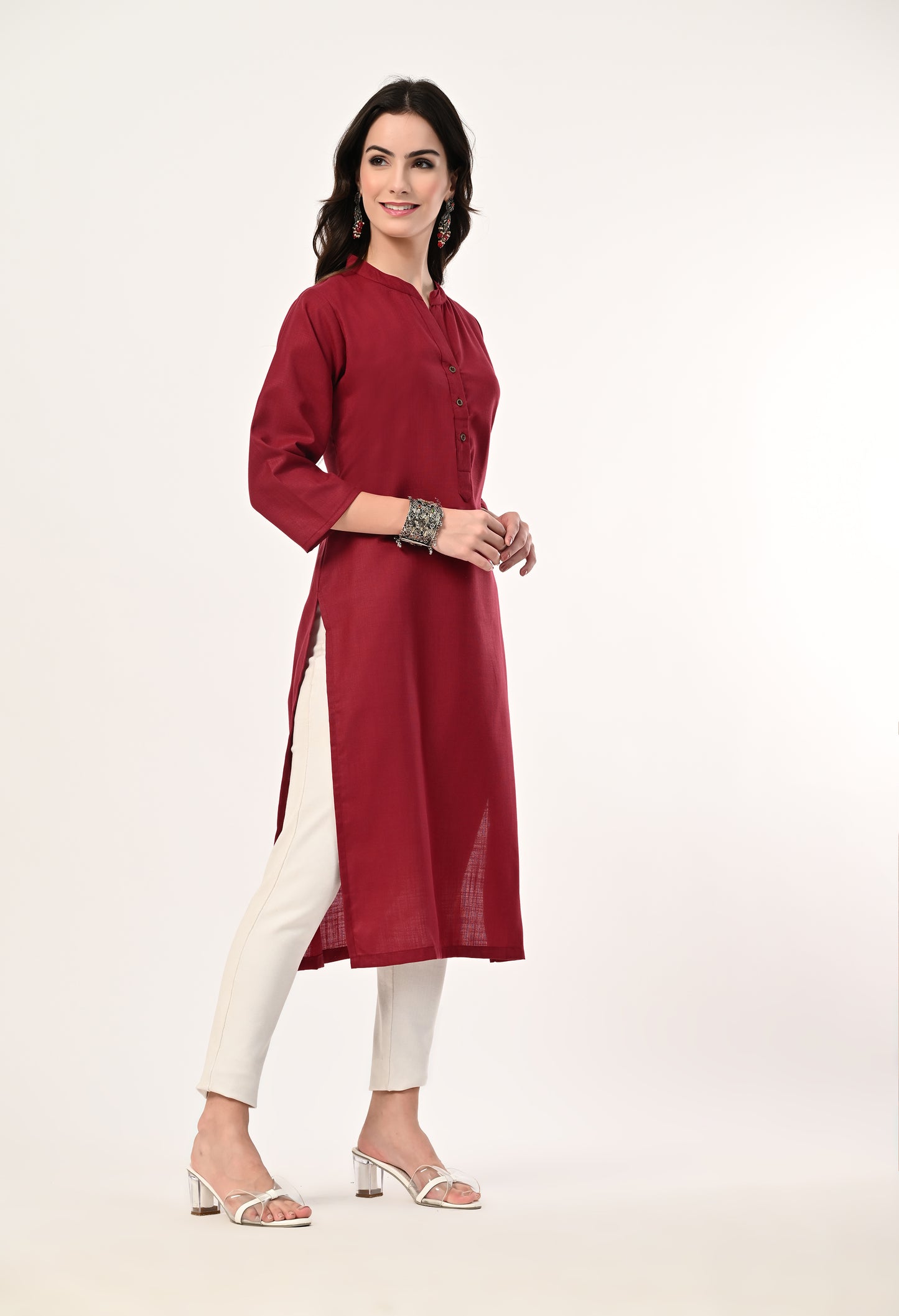 MAURYA Women's Maroon Cotton Blend Solid Straight Kurti (MKT143)