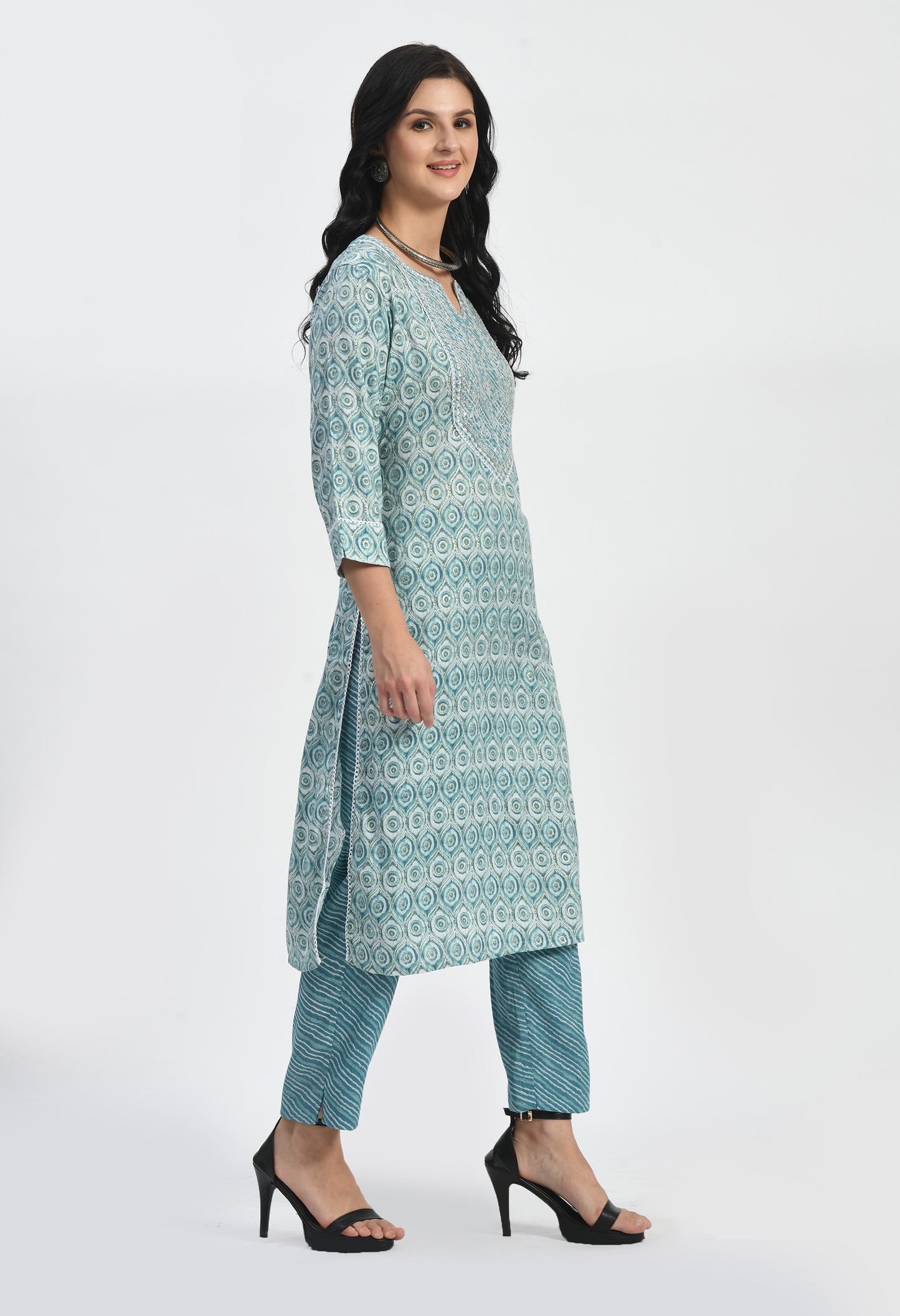 MAURYA Women's Rayon Slub Rama Eyes Print Computer Embroidery with Sippi Work A line Kurta with Pant & Dupatta (MKS041)