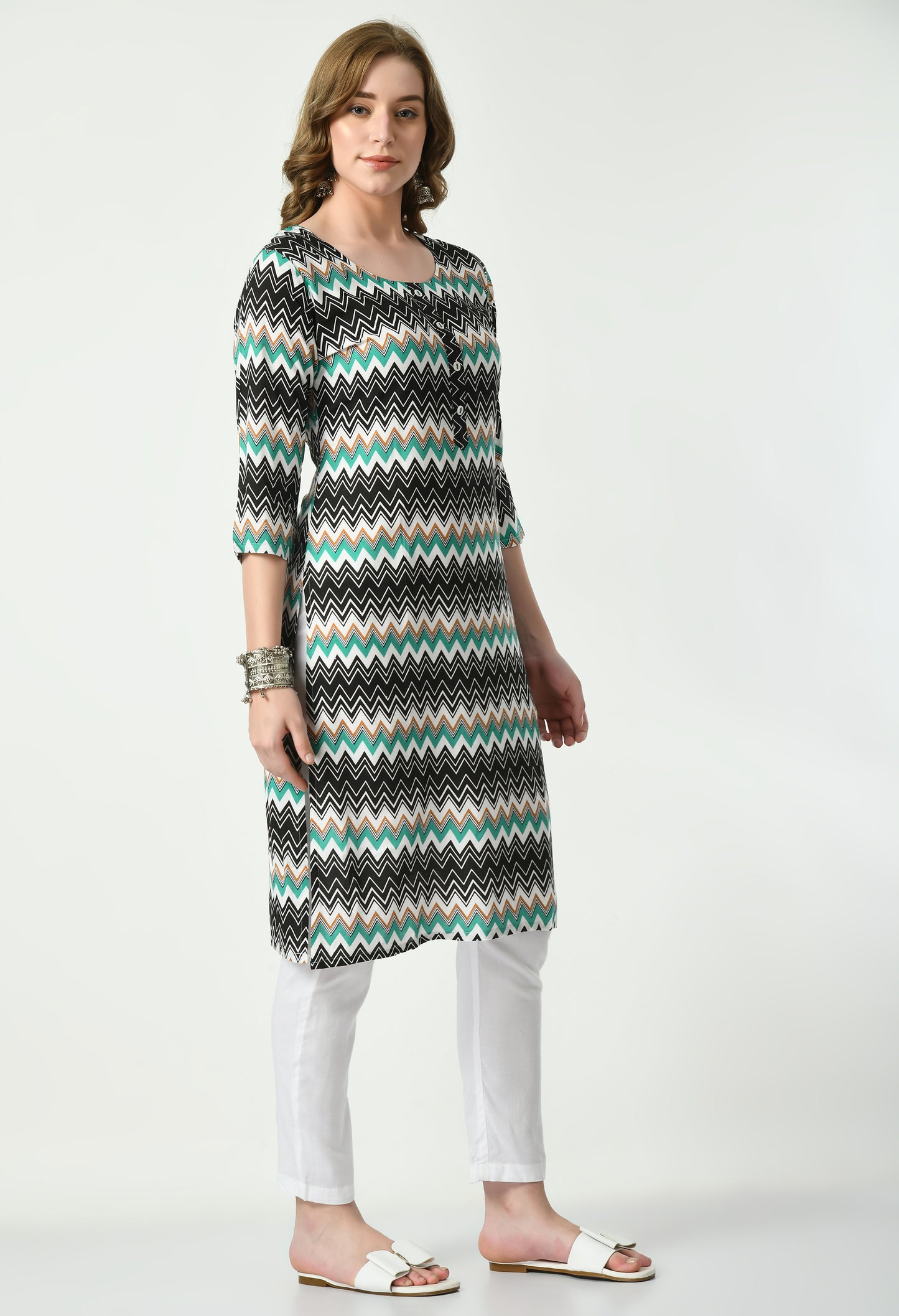 MAURYA Women's Rayon Rama Colour Zig-Zag Print Calf Length Straight Kurta with Buttons (MKT091)