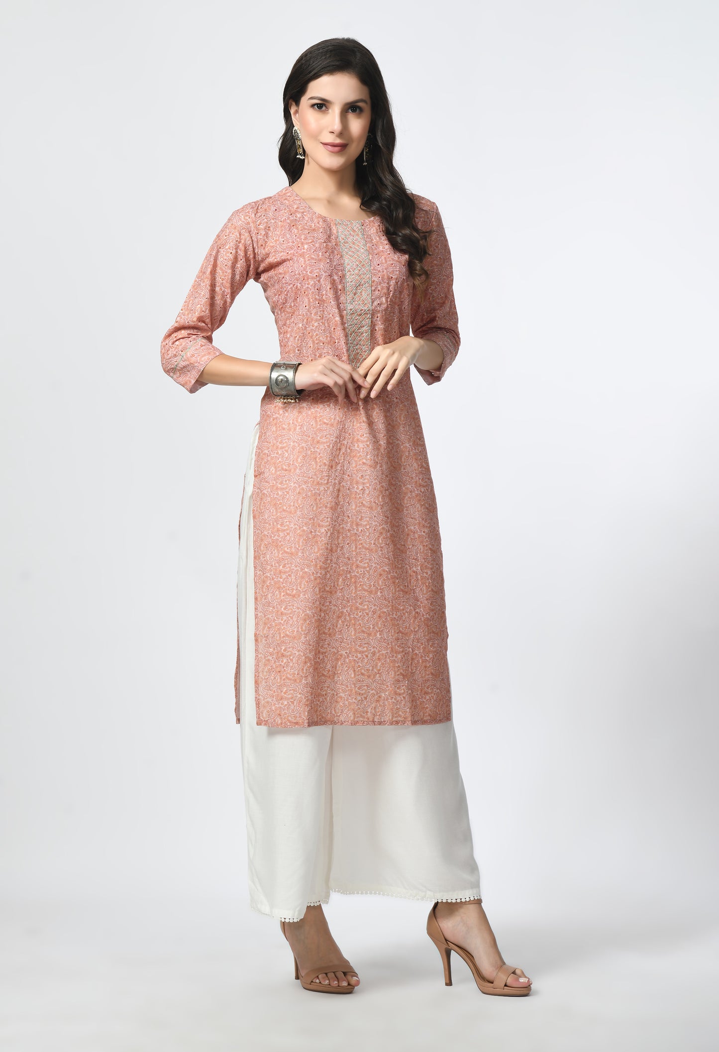 MAURYA Women's Peach Cotton Paisley Straight Kurta with Shifly Embroidery Kurti (MKT117)