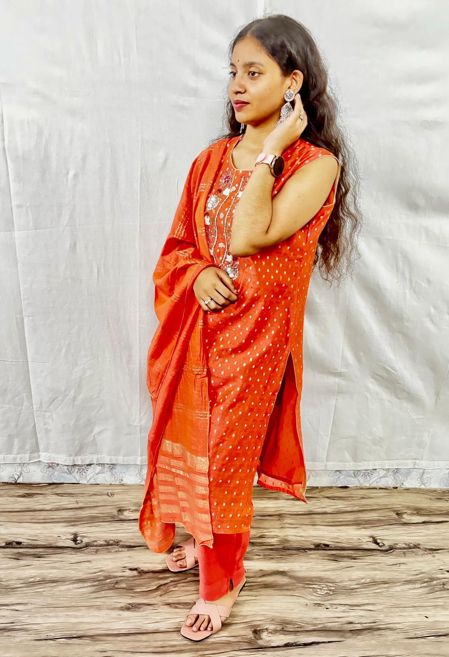 MAURYA Women Gajri Printed Viscose Chanderi Kurta Set with Dupatta (WMKS021)