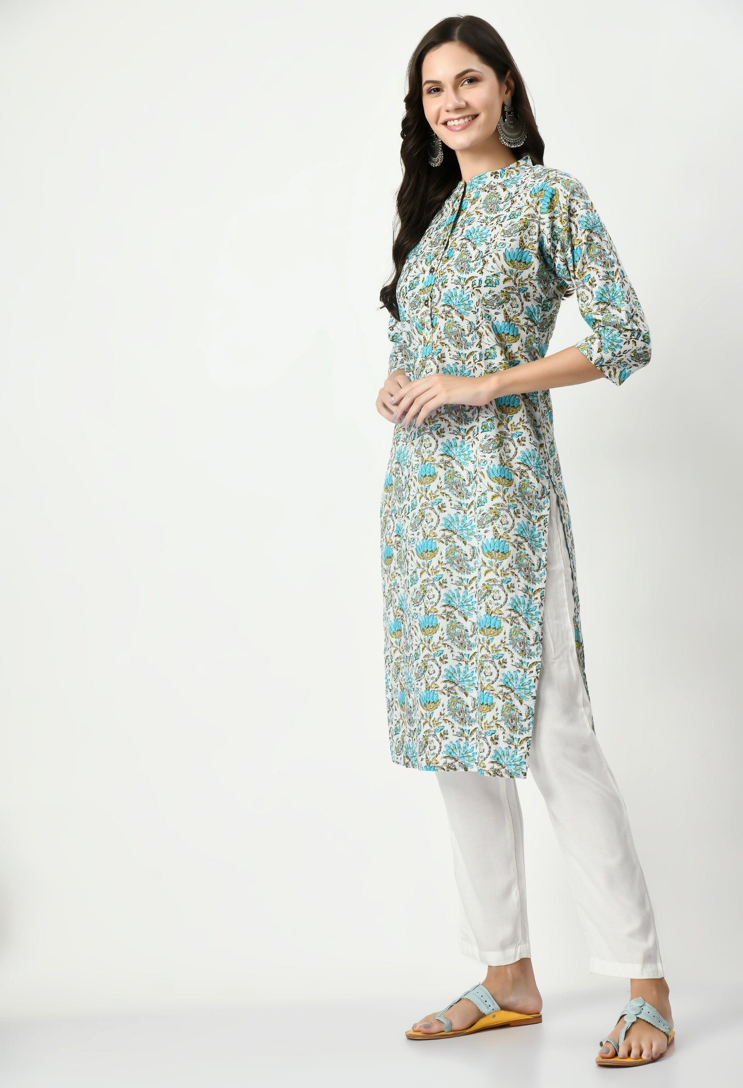 MAURYA Women's Pure Cotton Multicolor Calf Length Floral Print with Functional Buttons Straight Kurti (MKT077)
