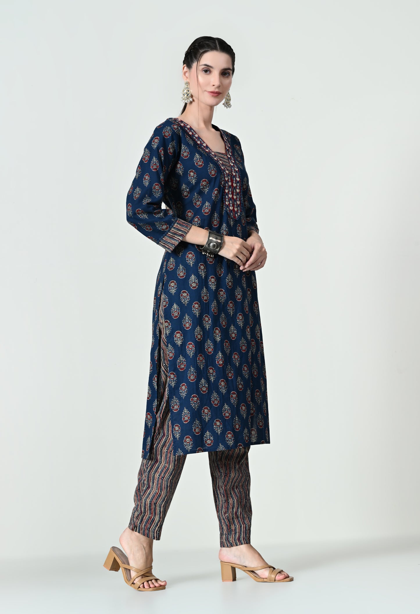 MAURYA Women's 100% Cotton Kalamkari Print Blue Colour Embroidery with Lace Kurta Set with Trendy Dupatta (WMKS004)