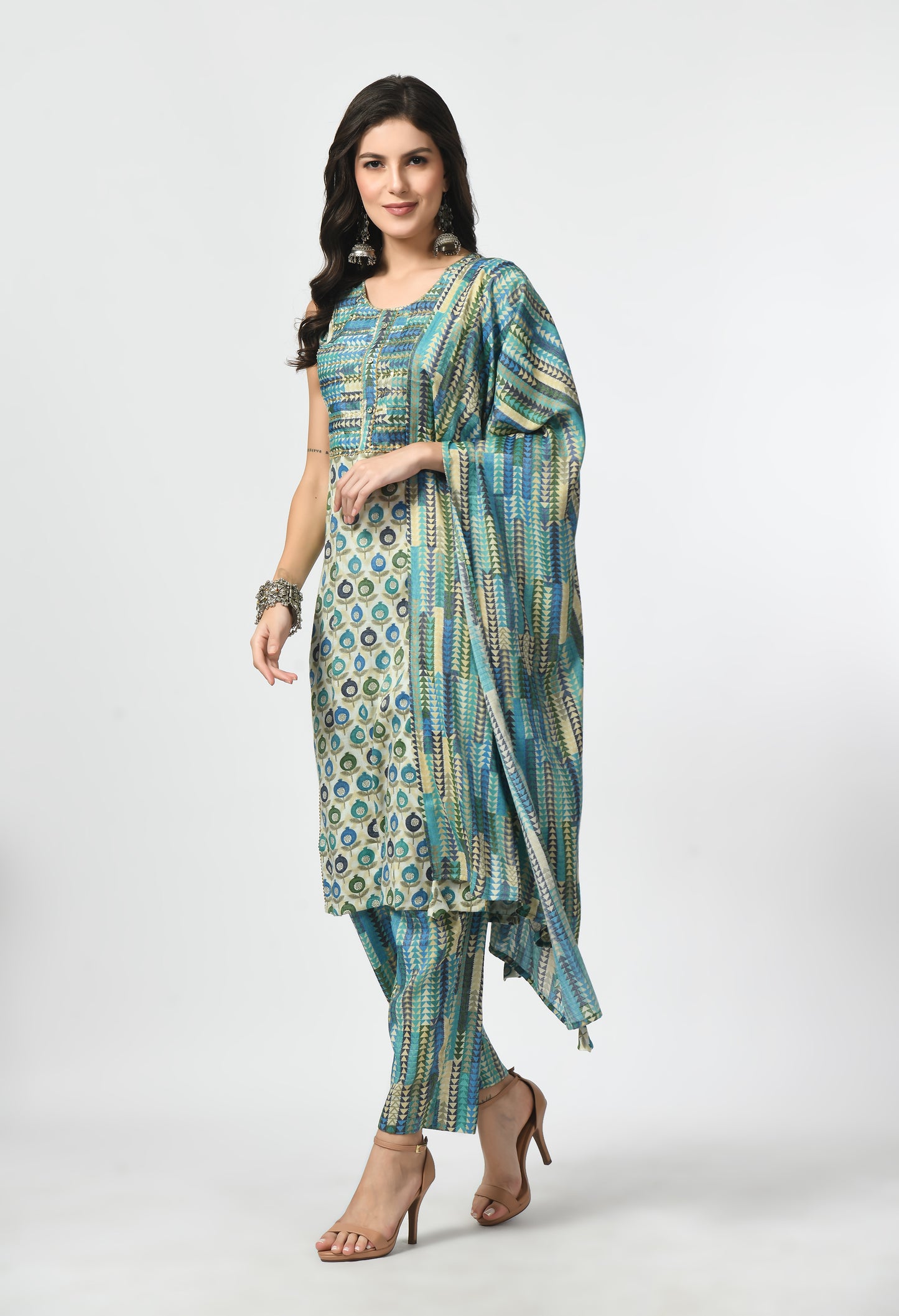 MAURYA Women's Rayon Slub Firoji Anaar Print A line Sippi Work Kurta with Pant & Dupatta (MKS040)