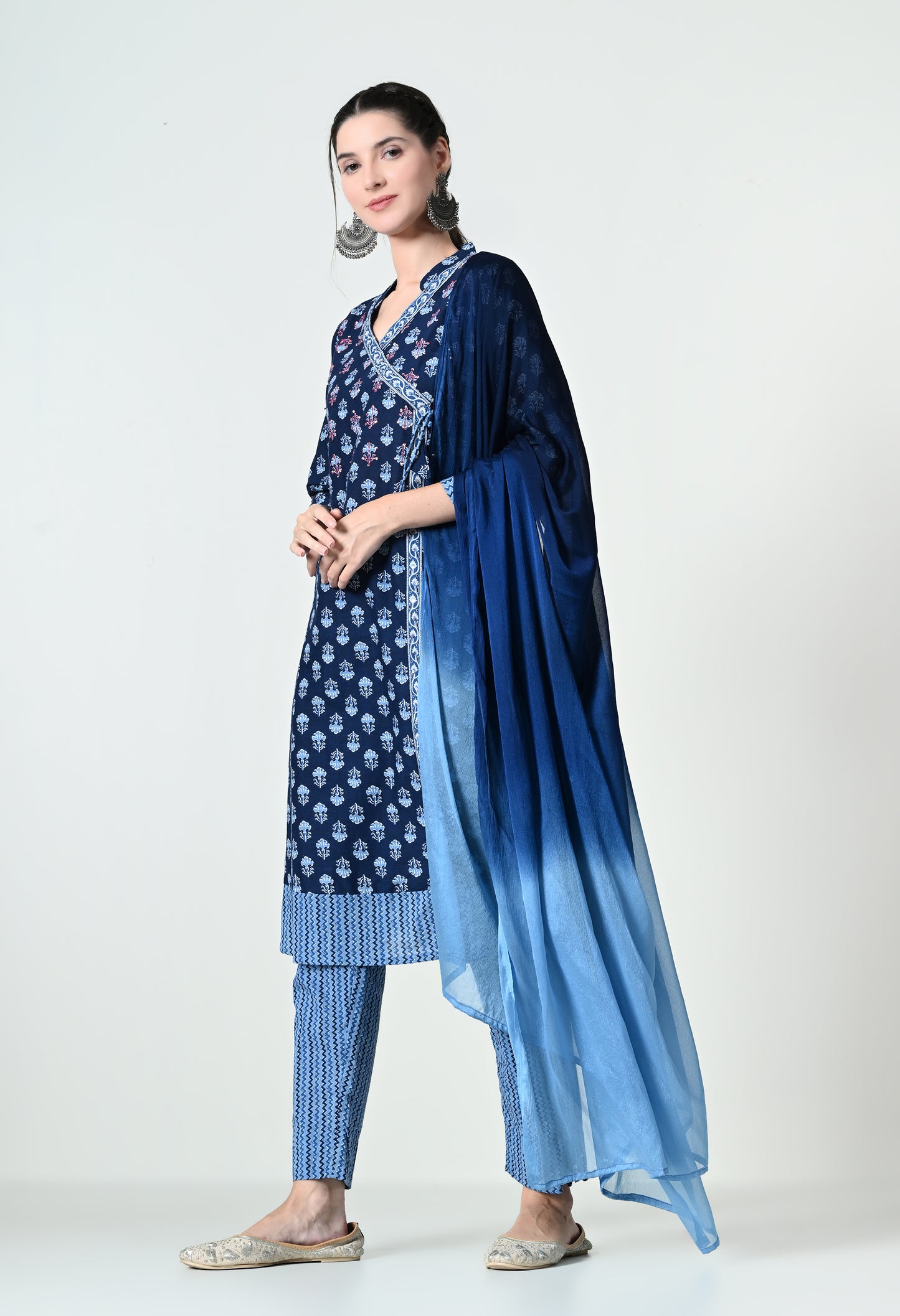 MAURYA Women's Fancy Cotton Blue Indigo Printed Hand Work Angrakhha Neck Kurta Set with Stylish Double Shade Dupatta (WMKS007)