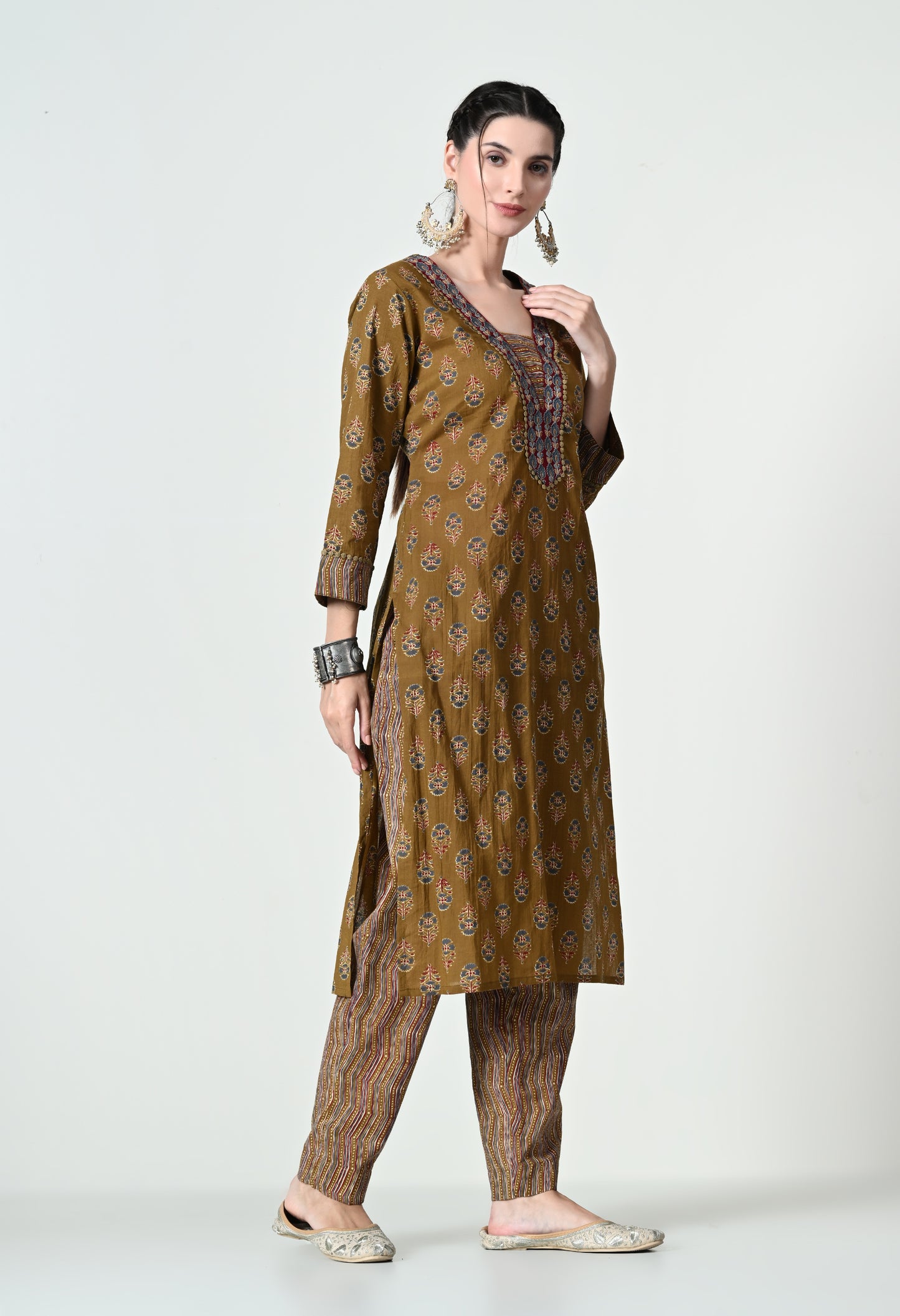MAURYA Women's 100% Cotton Kalamkari Print Mustard Colour Embroidery with Lace Kurta Set with Trendy Dupatta (WMKS003)