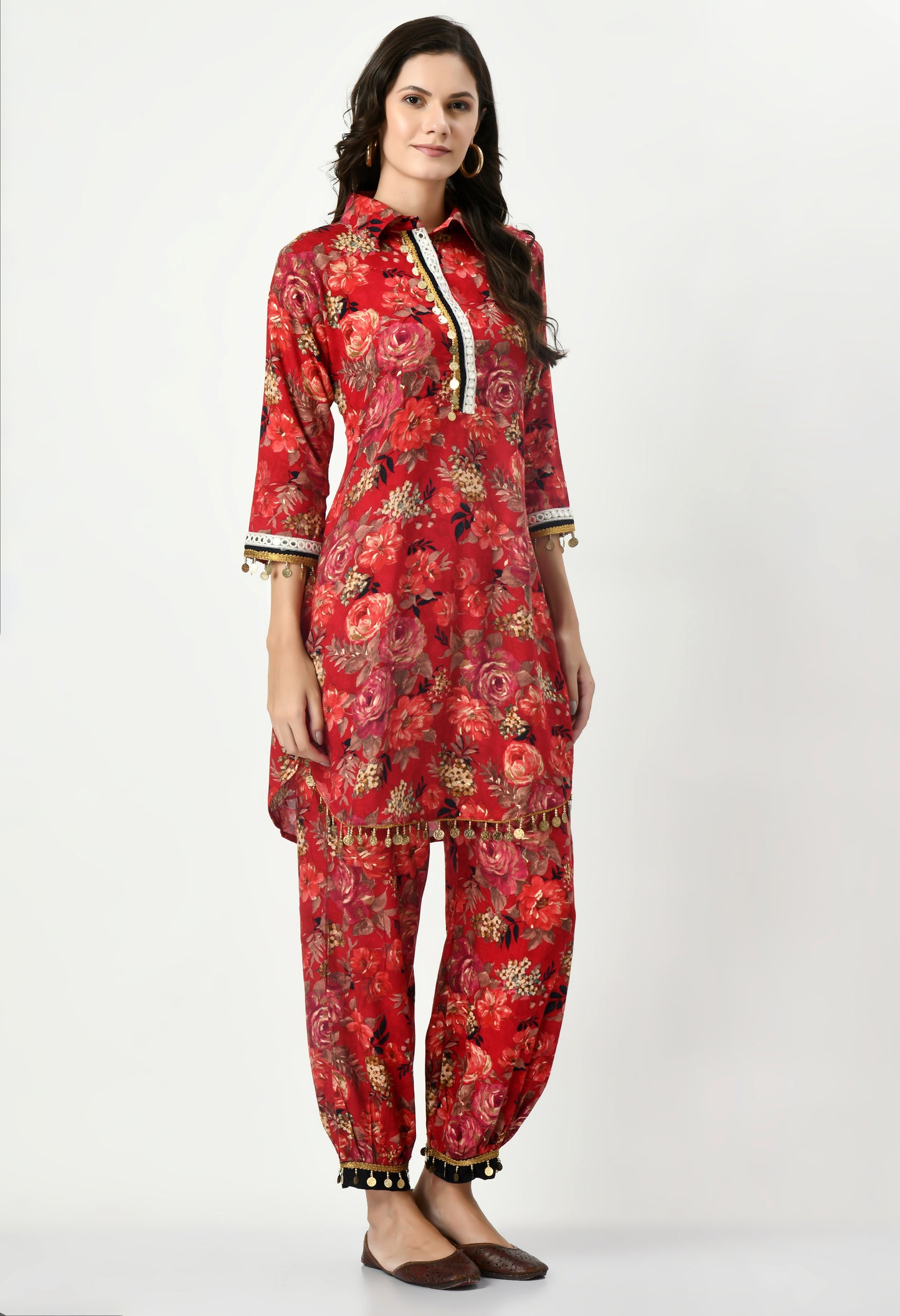 MAURYA Women's Rayon Red Floral Print Laced Ethnic Afgani Co-ord Set with 2 Side Pockets (MCS027)