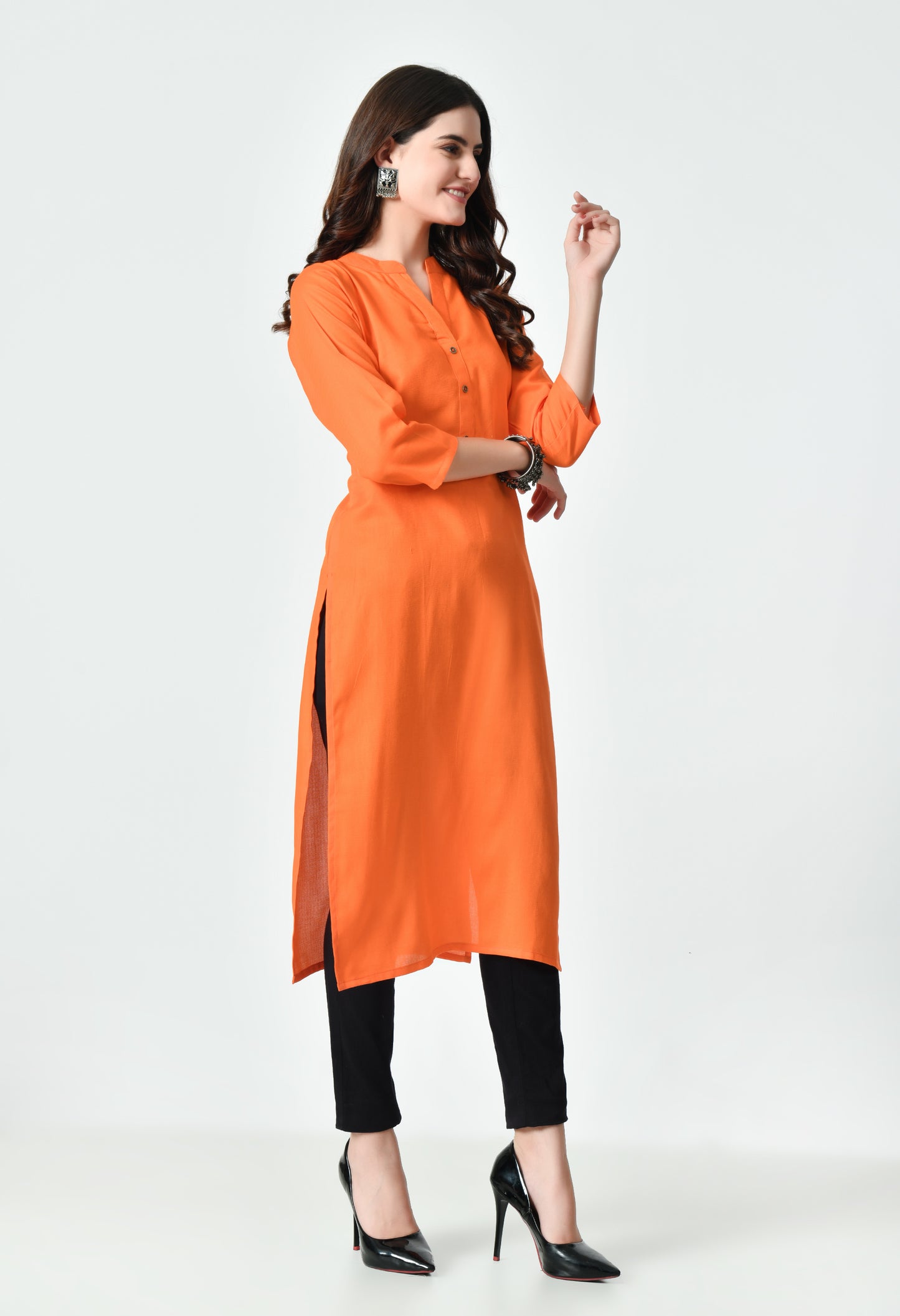 MAURYA Women's Orange Color Solid Cotton Blend Regular Straight Kurti (MKT129)