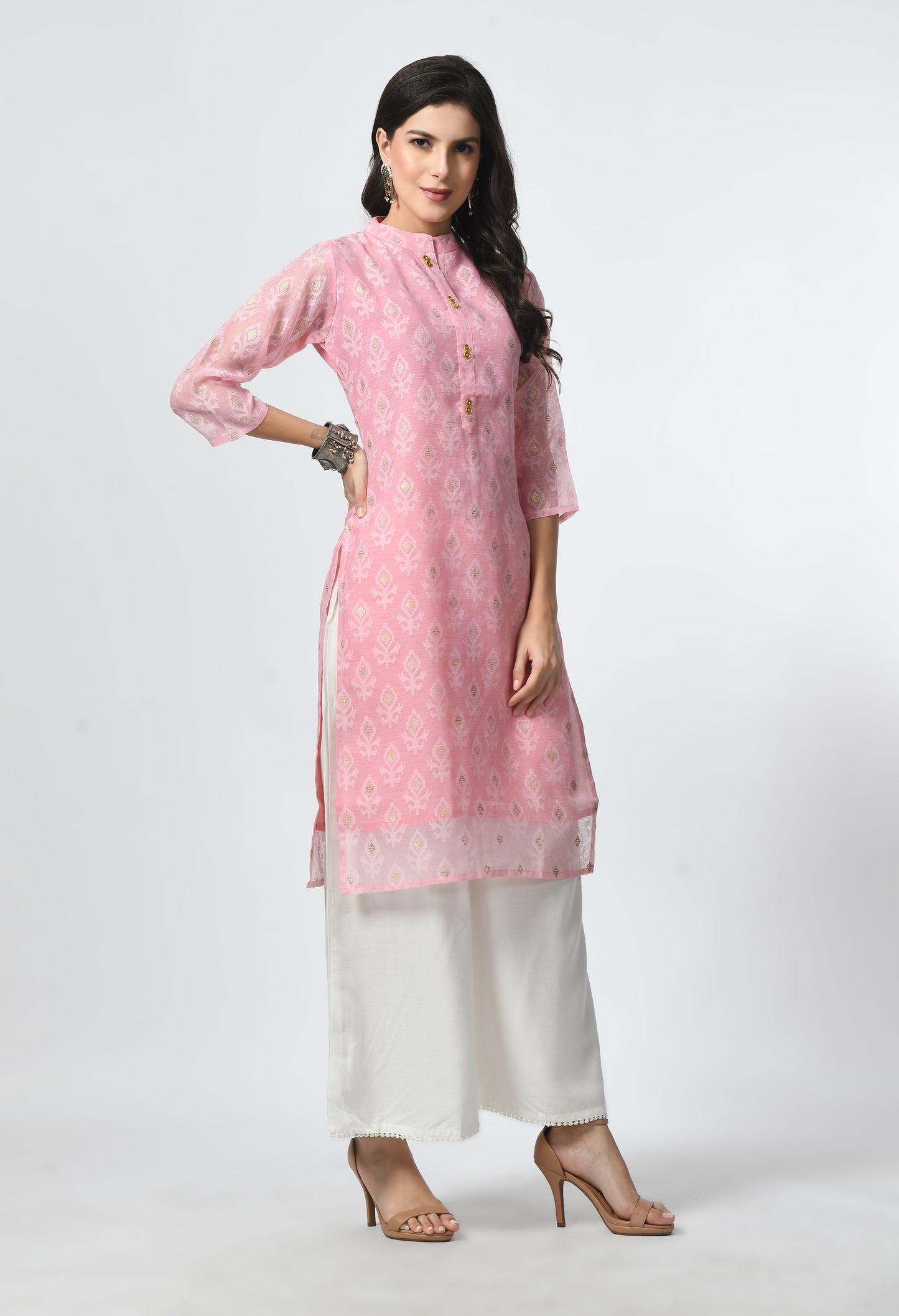 MAURYA Women's Pink Color Chanderi Braso Floral Print Straight Kurta with Cotton Lining Kurti (MKT110)