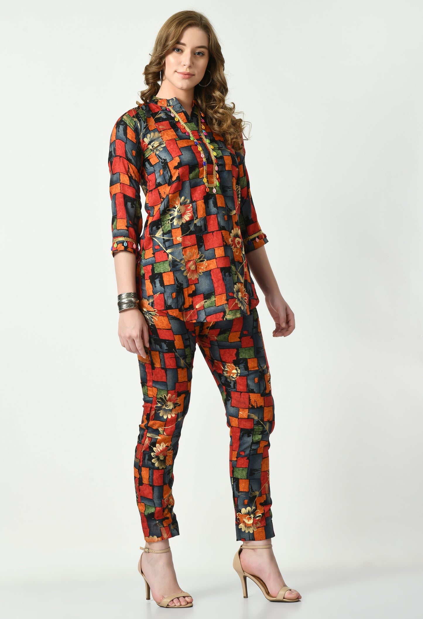 MAURYA Women's Muslin Rust Colour Printed High Neck Kurta Pant Set (MCS046)