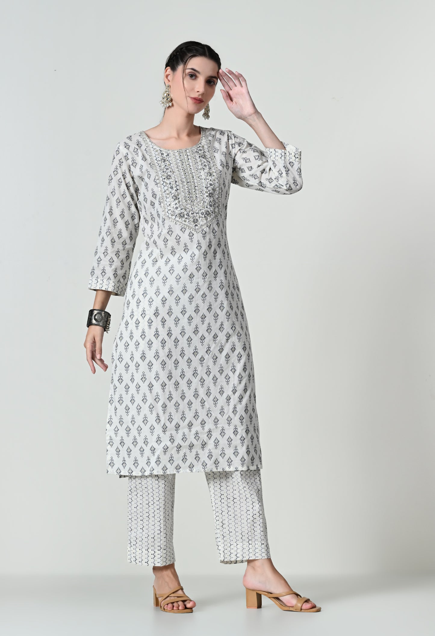 MAURYA Women's 100% Cotton Off White Foil Print Embroidery with Sequence Kurta Set with Dupatta (WMKS011)