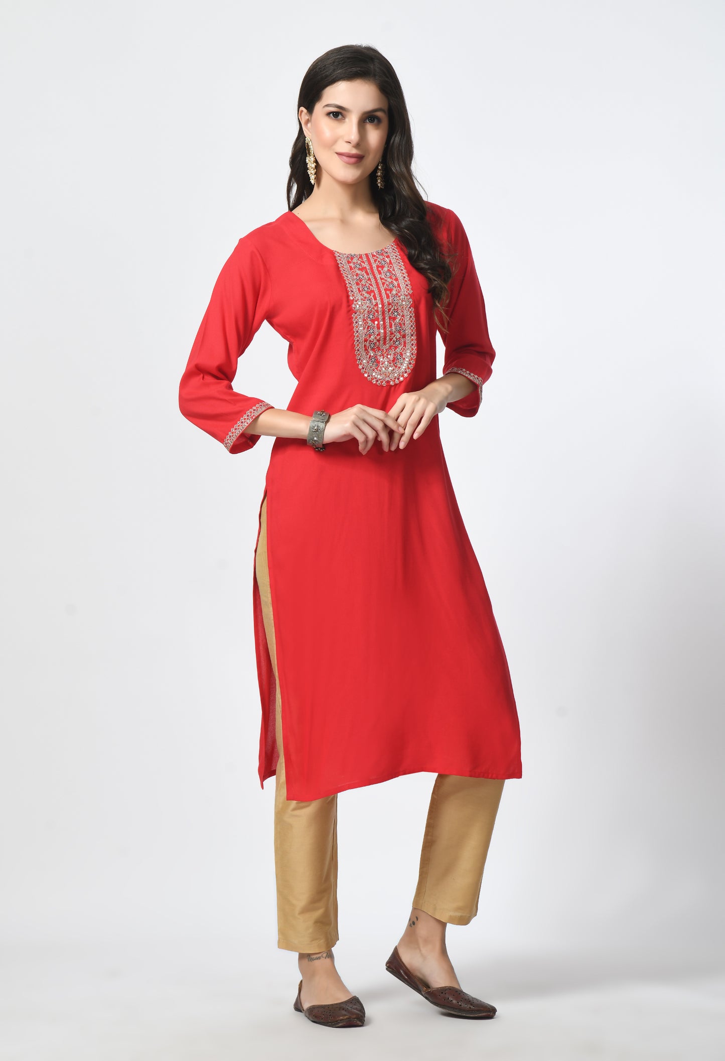 MAURYA Women's Red Rayon Solid Straight Kurta with Computer Embroidery Kurti (MKT116)
