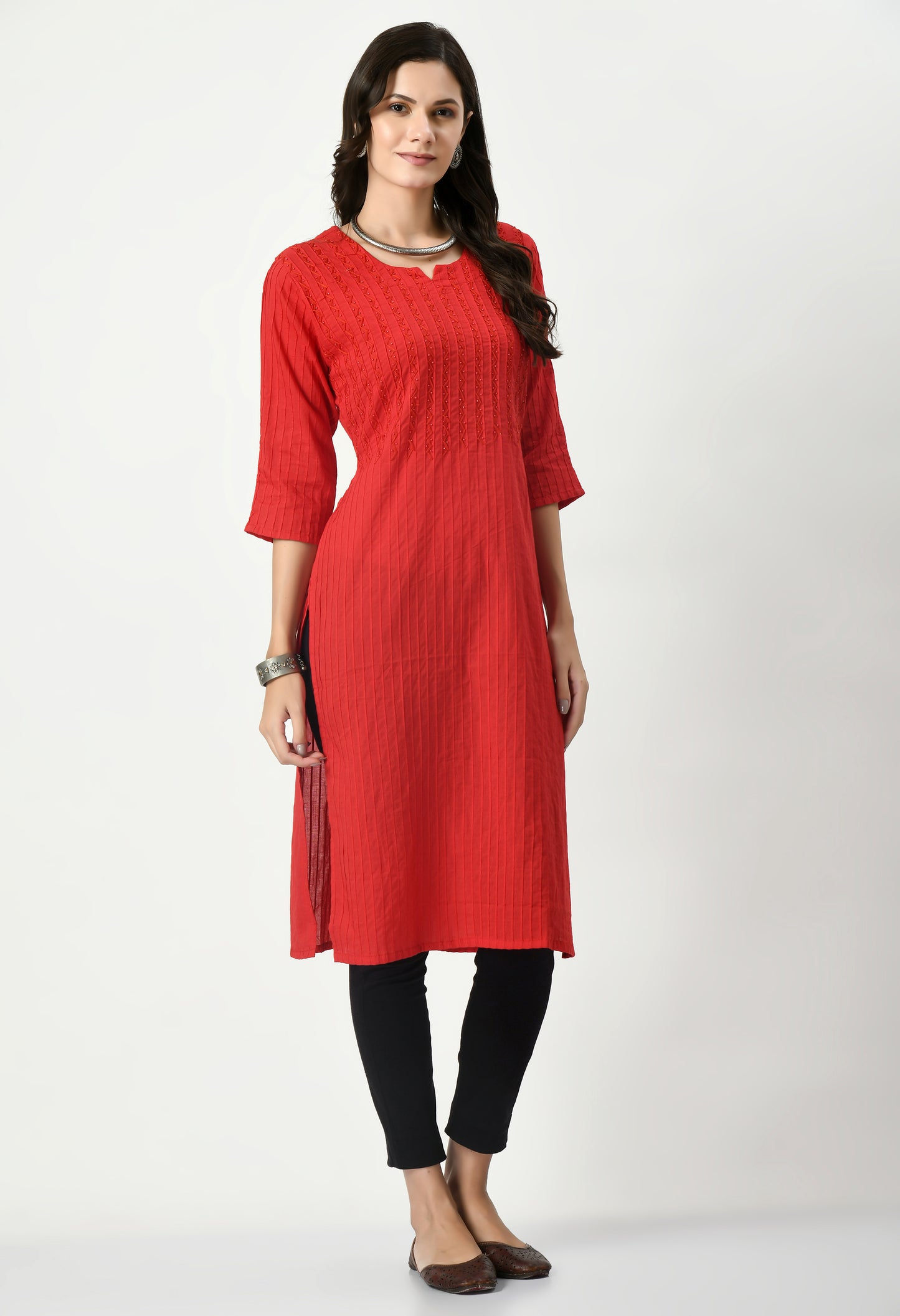 MAURYA Women's Pure Cotton Pintex Red Hand Work Calf Length Straight Kurti (MKT082)
