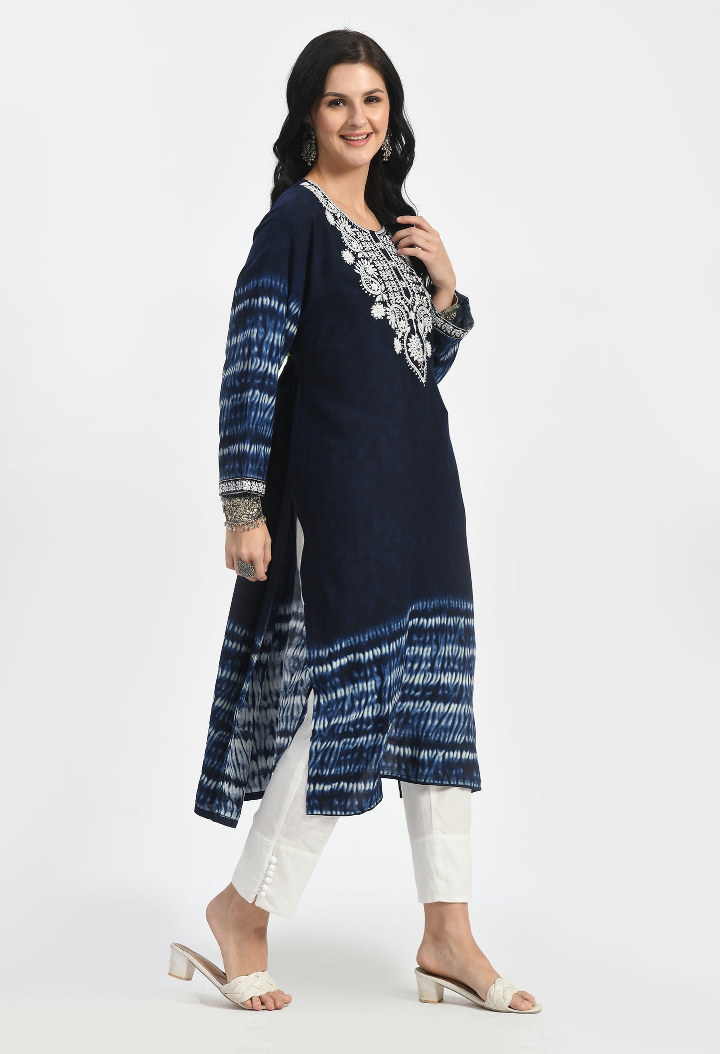 MAURYA Women's Navy Rayon Solid Straight Kurta with Lucknavy Embroidery Moti Work Kurti (MKT114)