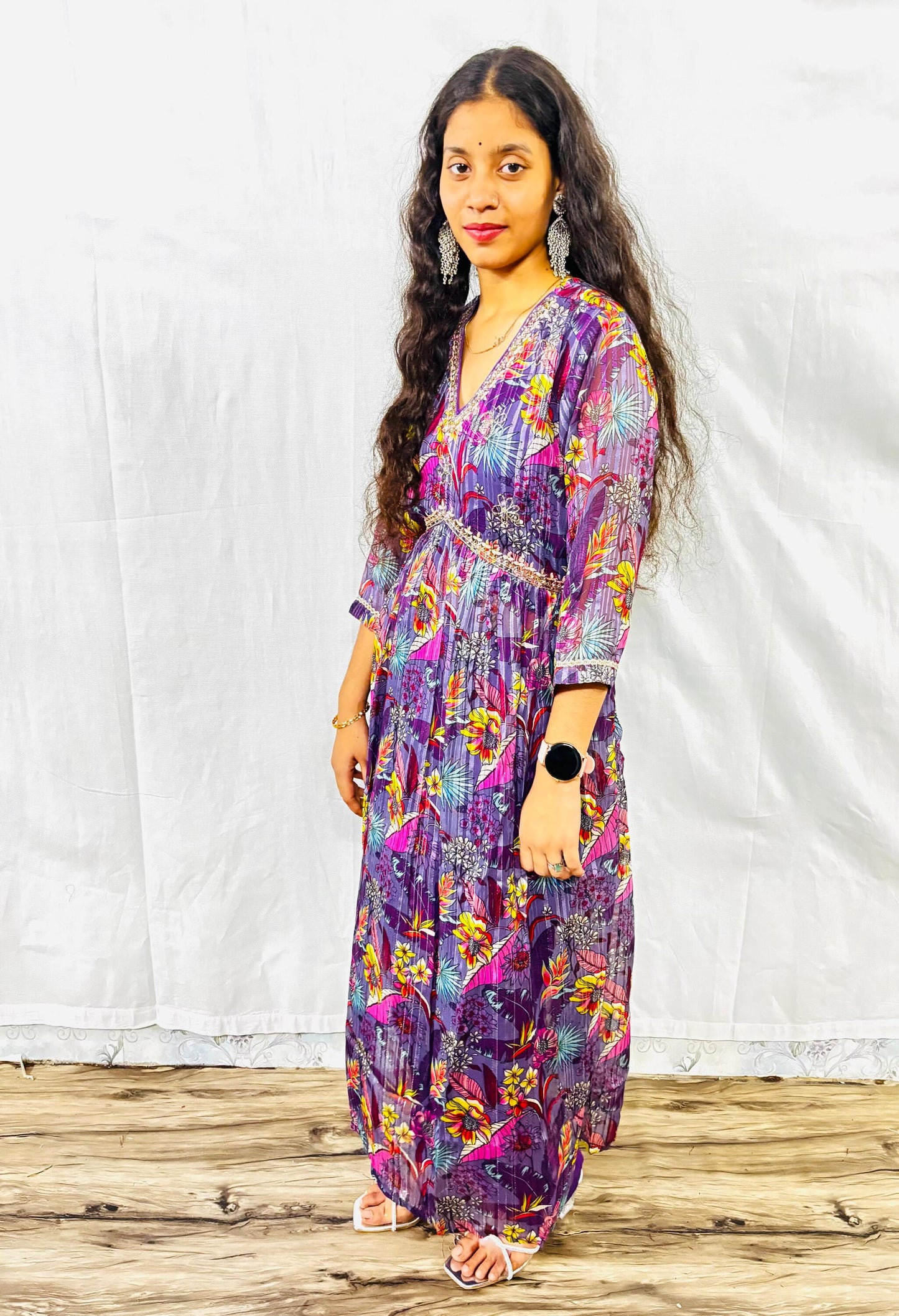 MAURYA Women Purple Printed Chiffon Naira Cut Set with Dupatta (WMKS025)