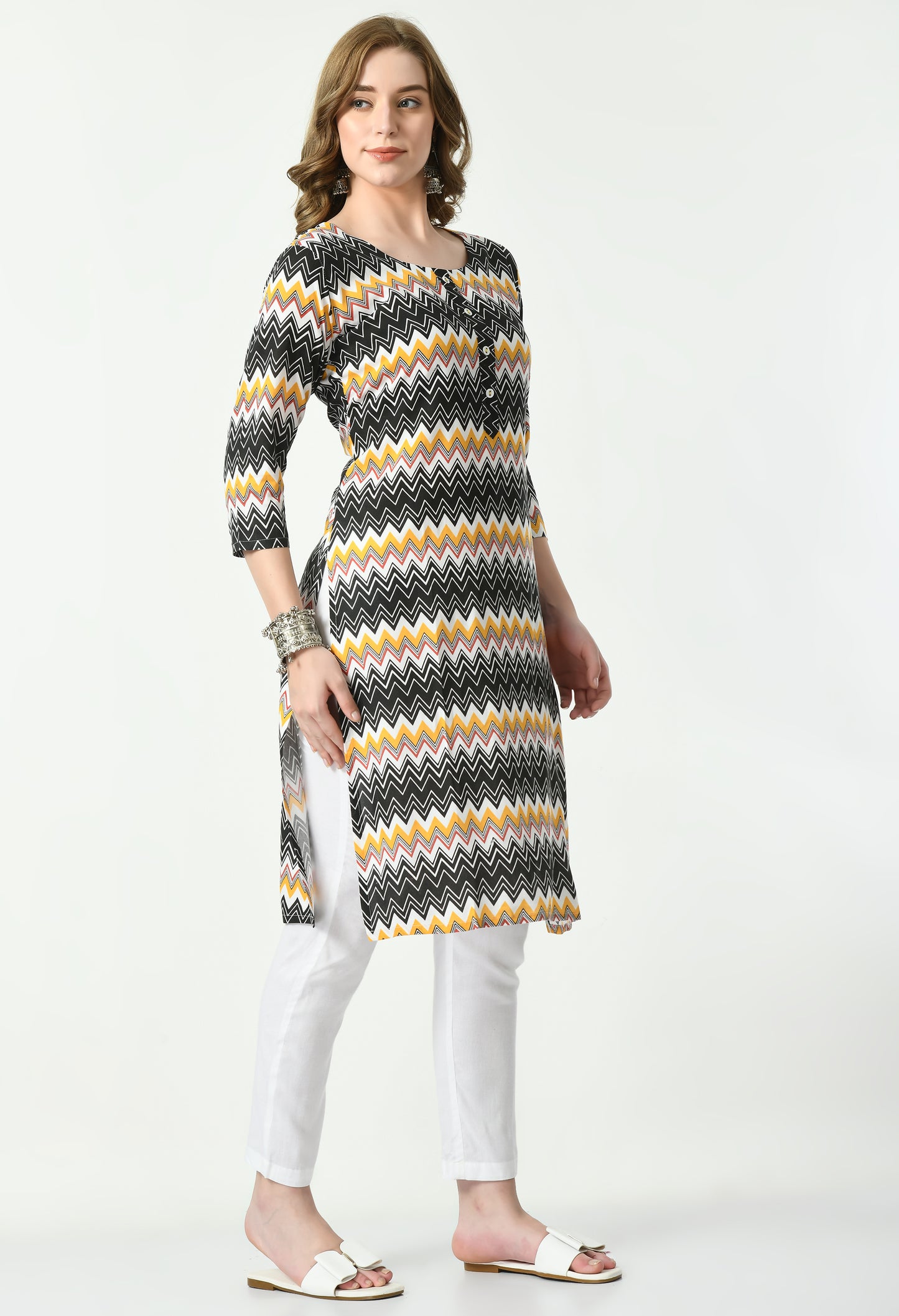 MAURYA Women's Rayon Yellow Color Zig-Zag Print Calf Length Straight Kurta with Buttons (MKT089)