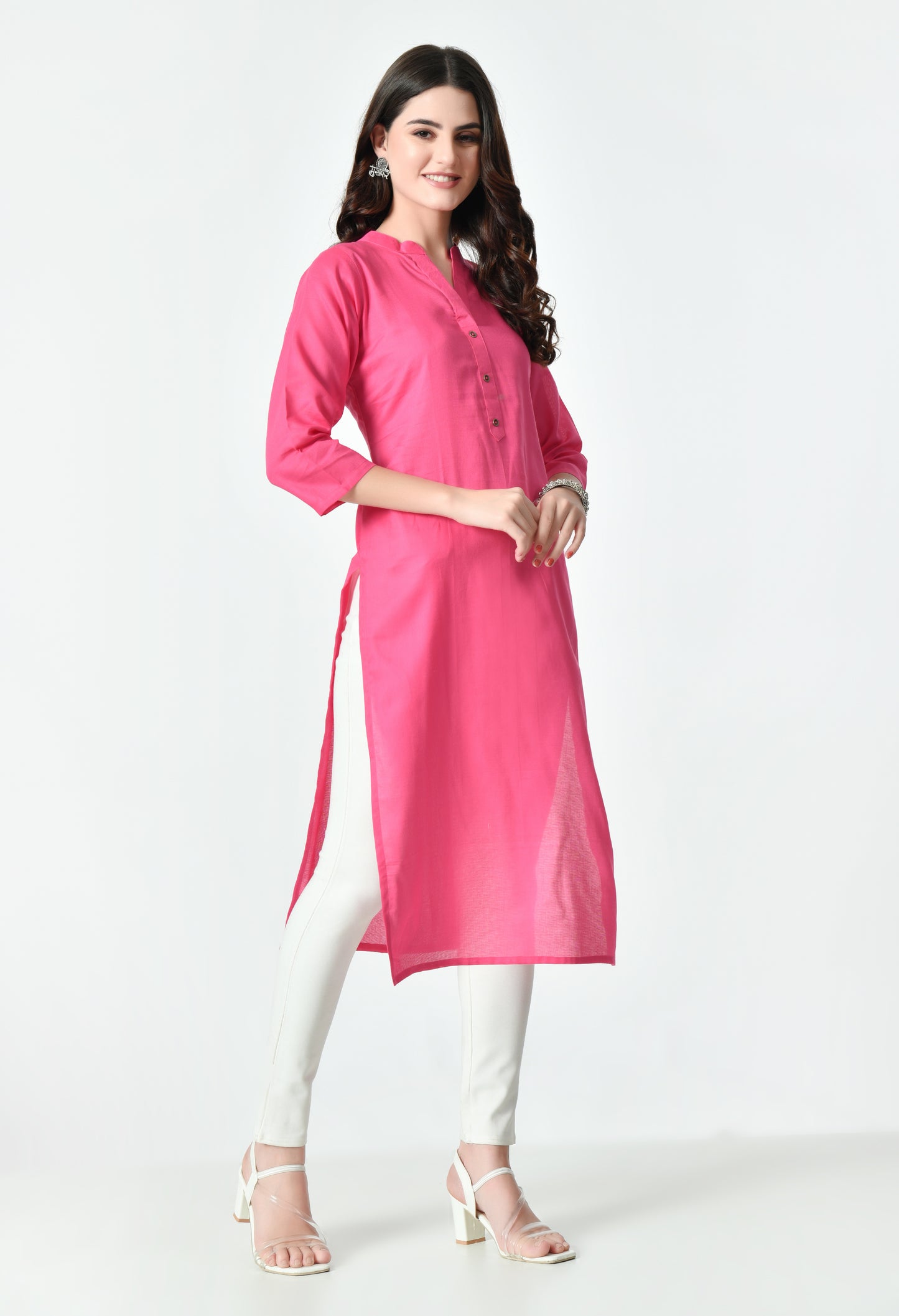 MAURYA Women's Pink Color Solid Cotton Blend Regular Straight Kurti (MKT125)