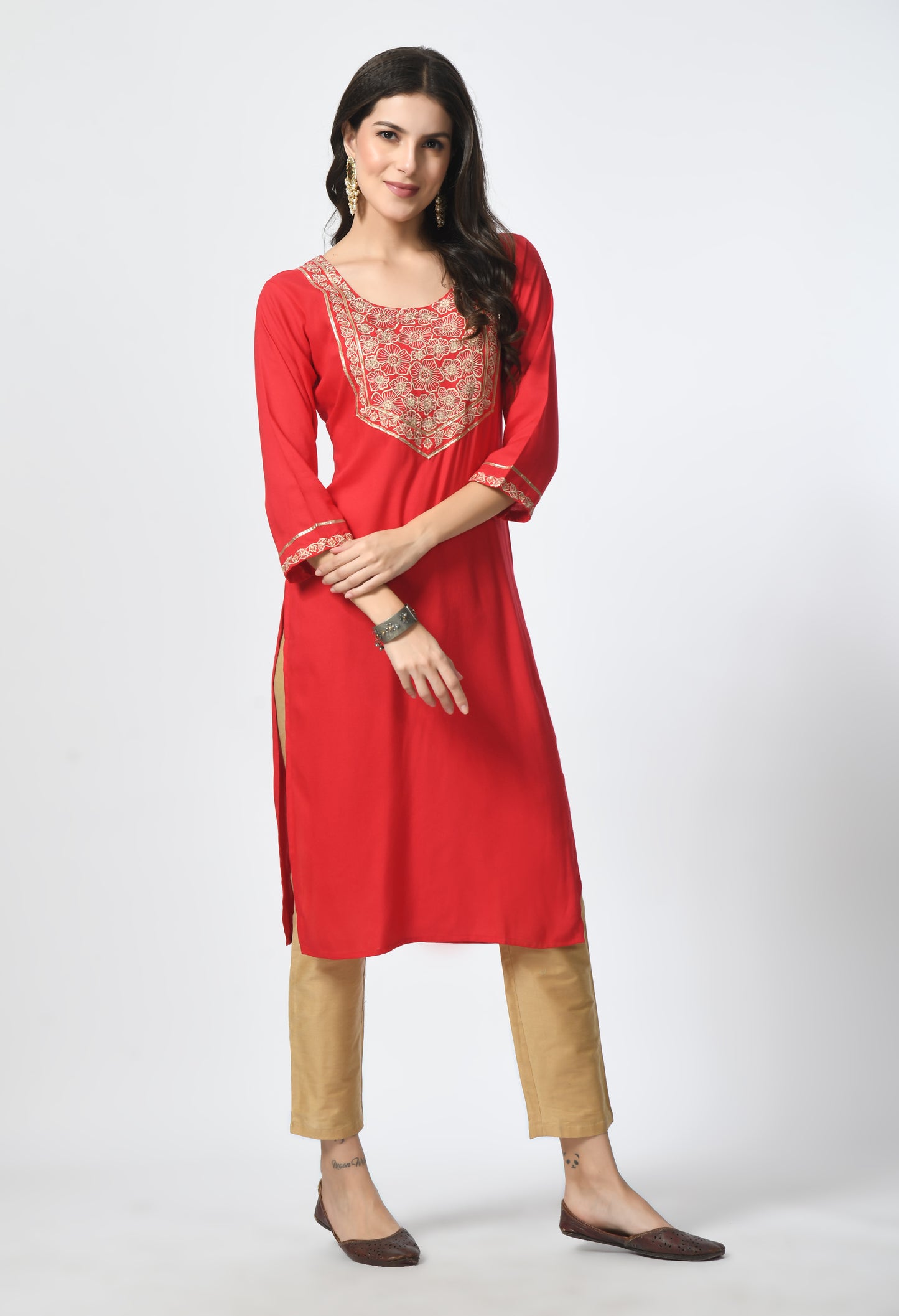 MAURYA Women's Red Rayon Solid Straight Kurta with Computer Embroidery Kurti (MKT115)