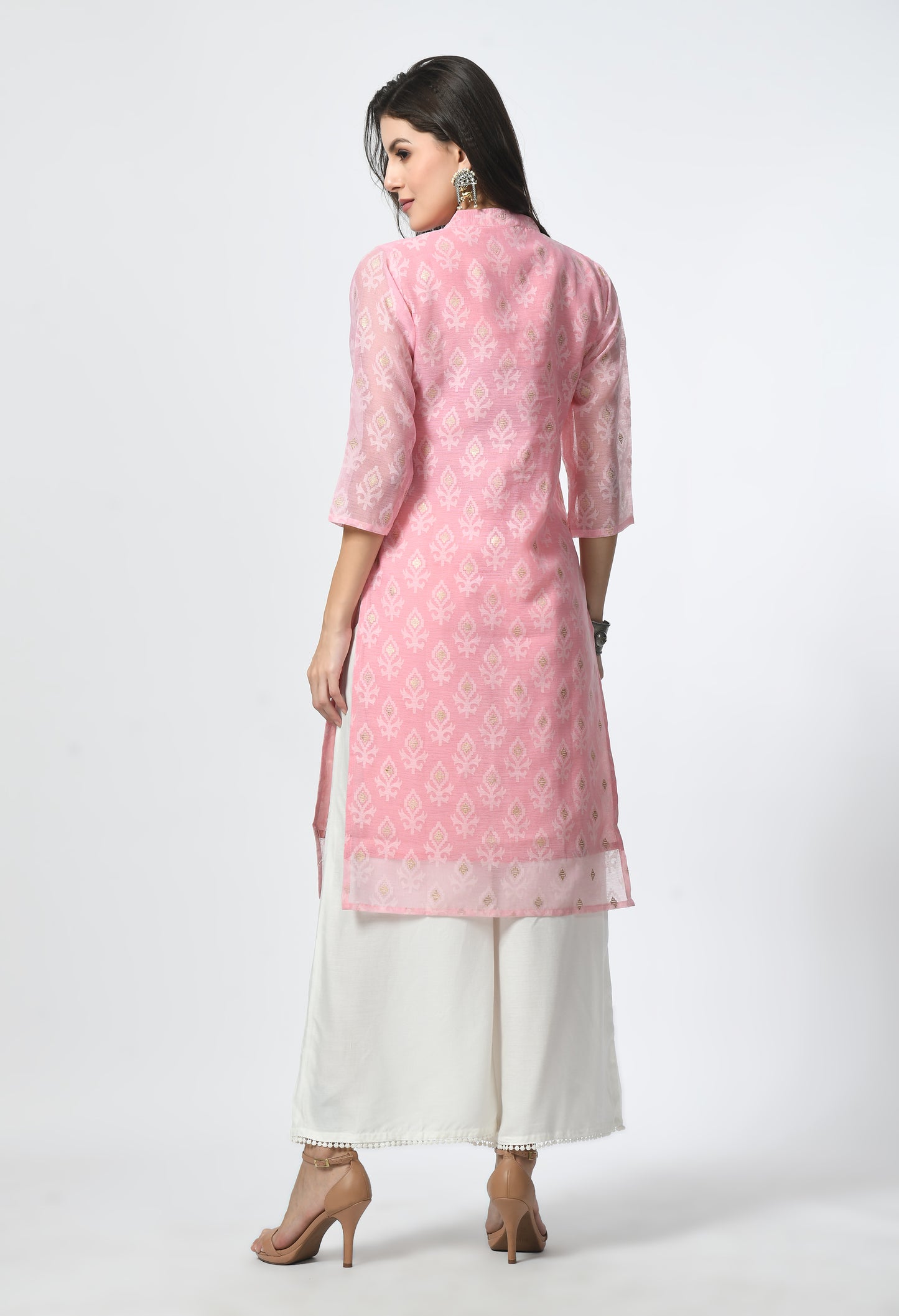 MAURYA Women's Pink Color Chanderi Braso Floral Print Straight Kurta with Cotton Lining Kurti (MKT110)