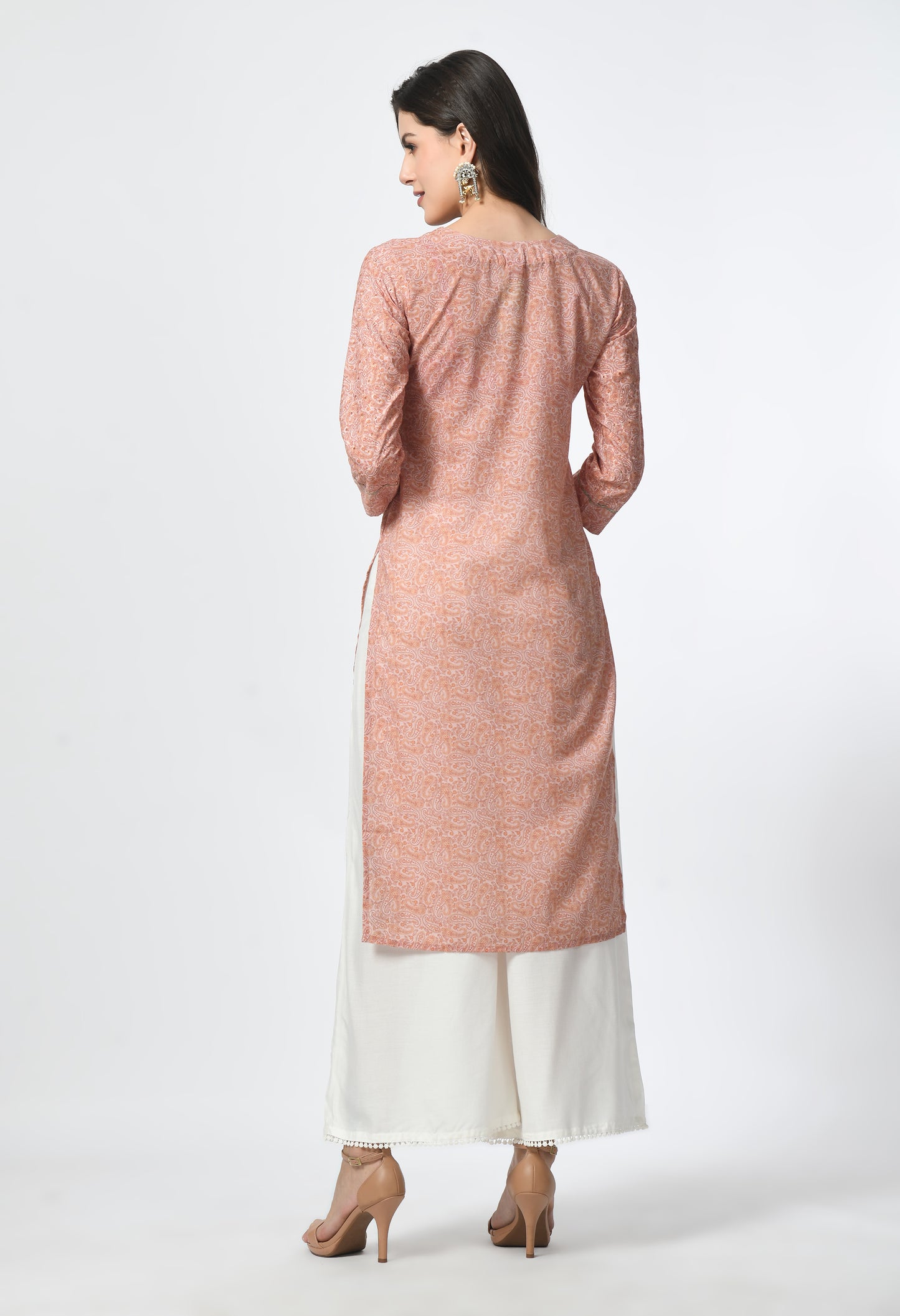 MAURYA Women's Peach Cotton Paisley Straight Kurta with Shifly Embroidery Kurti (MKT117)