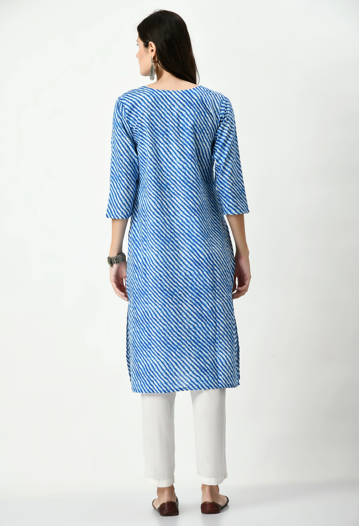 MAURYA Women's Cotton Blue Color Lehriya Print Calf Length Round Neck Straight Kurti (MKT075)