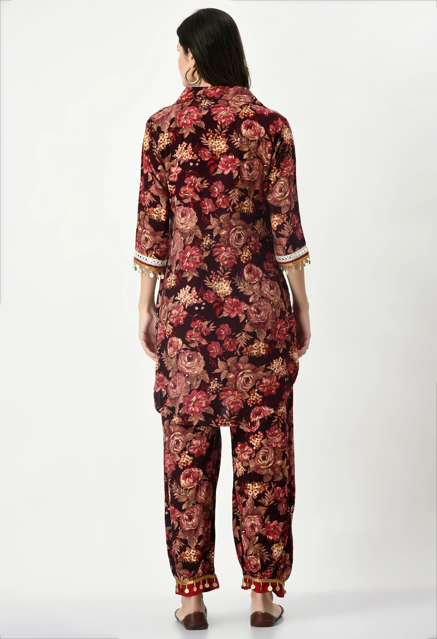 MAURYA Women's Rayon Maroon Floral Print Laced Ethnic Afgani Co-ord Set with 2 Side Pockets (MCS029)