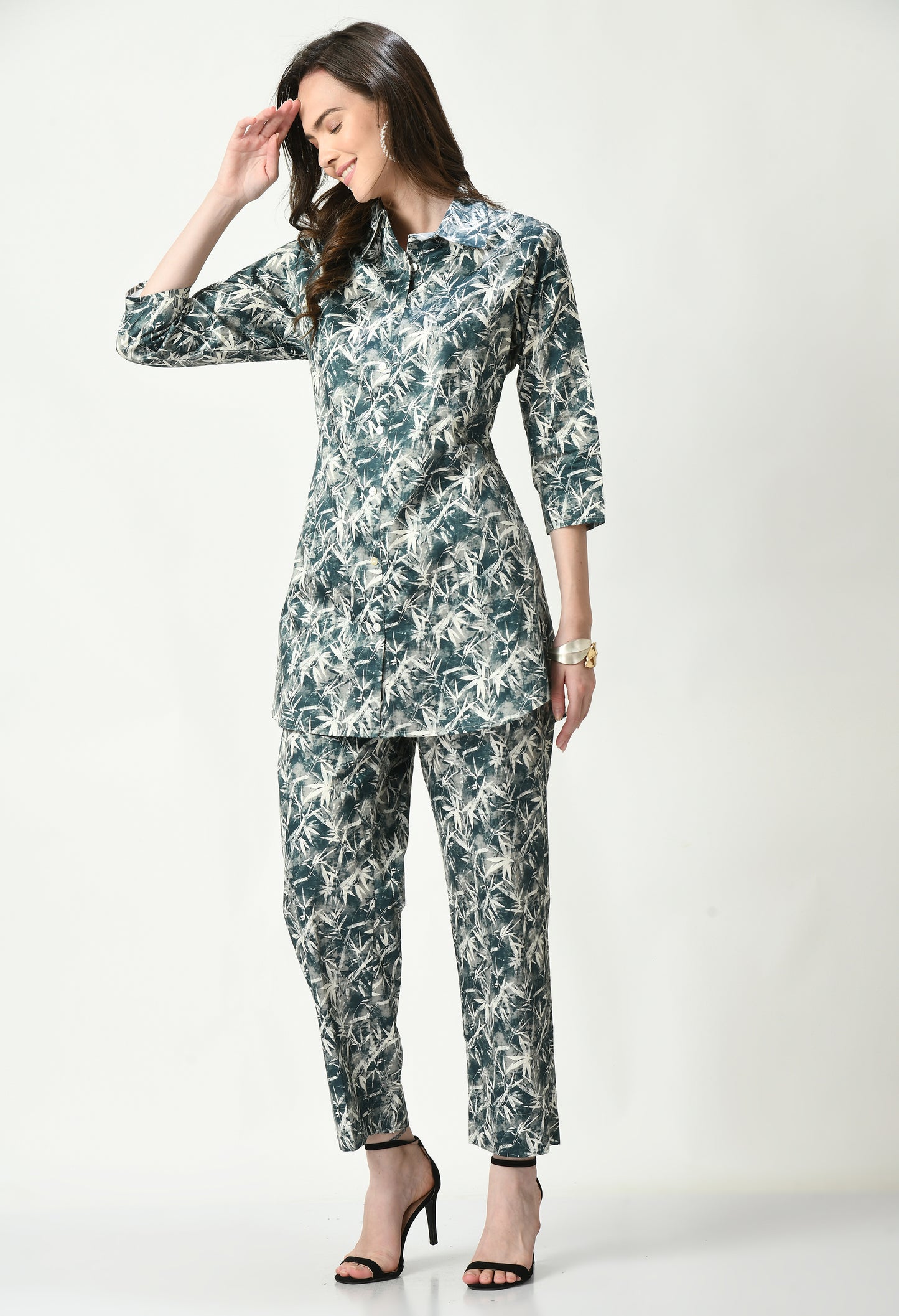 MAURYA Women's Green Cotton Satin Printed Stylish Co-ord Set with 2 Side Pockets (MCS016)