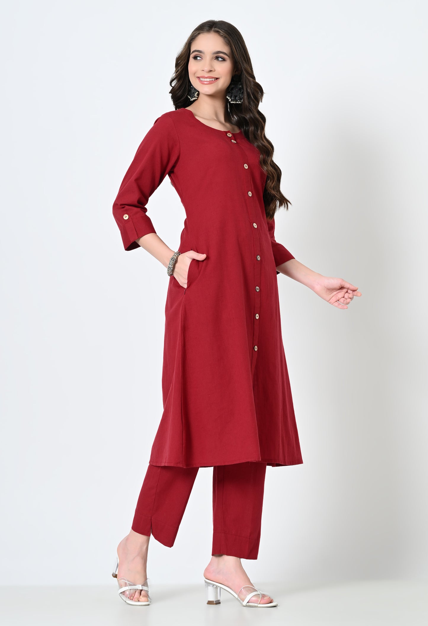 MAURYA Women's Cotton Flex Solid Maroon A line Buttoned Kurta with Pant with 2 Side Pocket (MKS046)