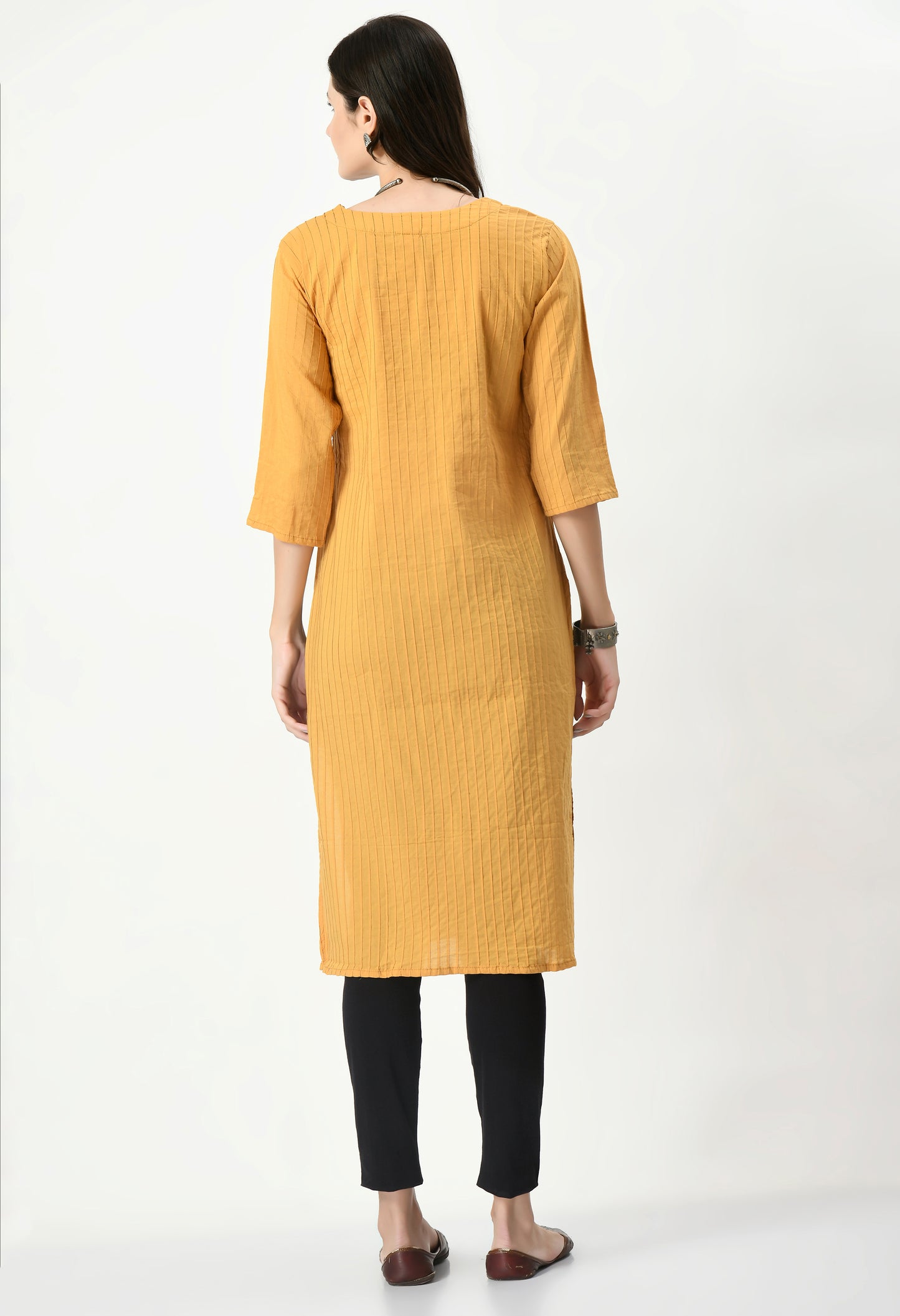 MAURYA Women's Pure Cotton Pintex Mustard Hand Work Calf Length Straight Kurti (MKT083)