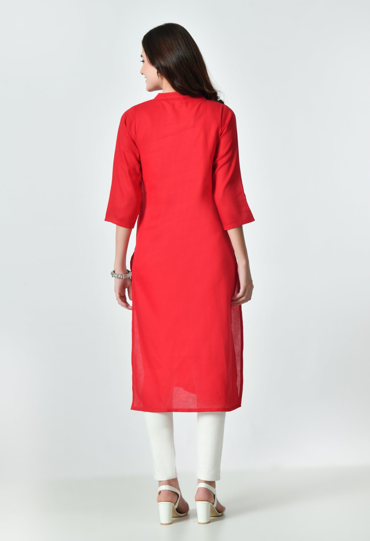 MAURYA Women's Red Color Solid Cotton Blend Regular Straight Kurti (MKT127)