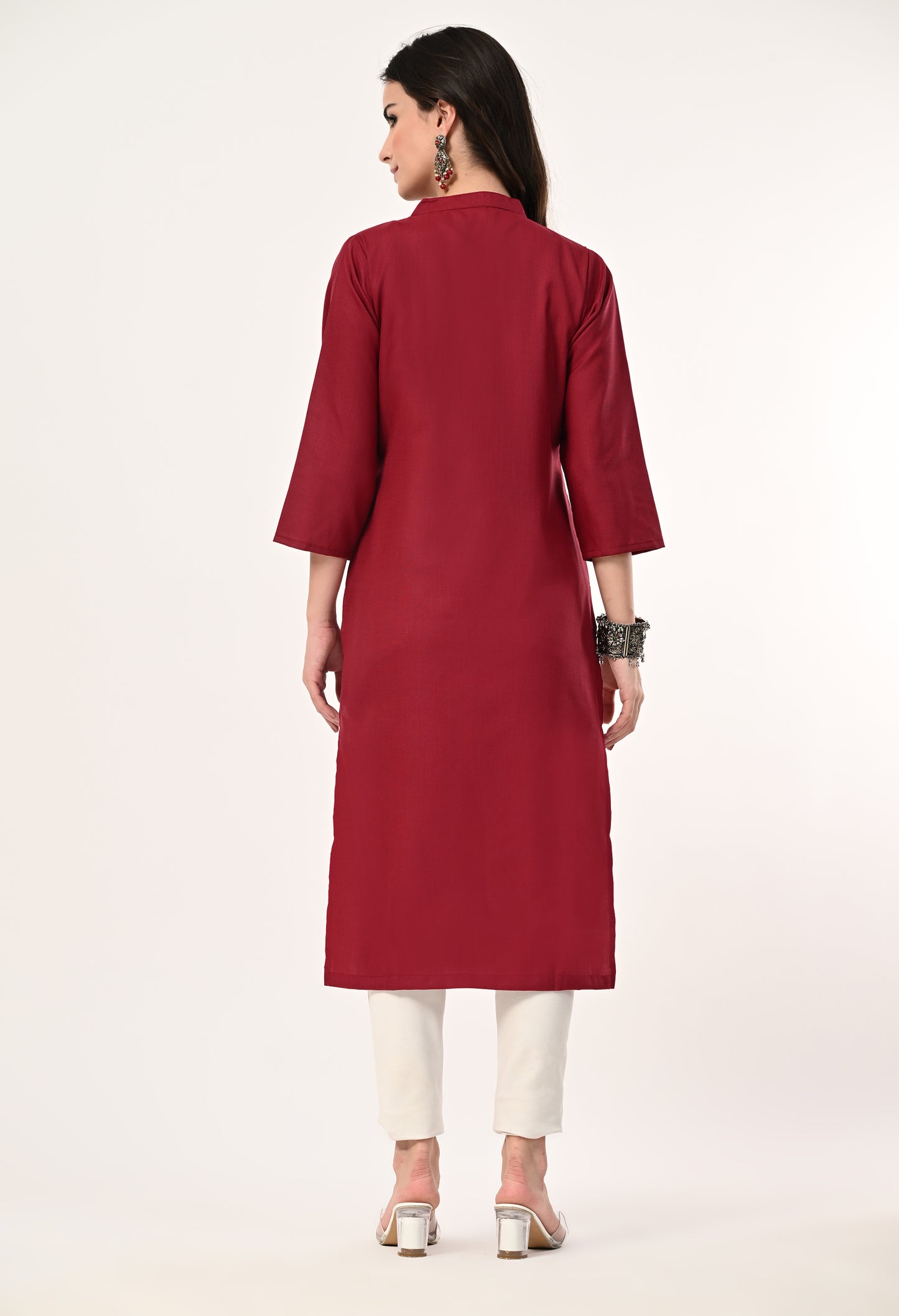MAURYA Women's Maroon Cotton Blend Solid Straight Kurti (MKT143)