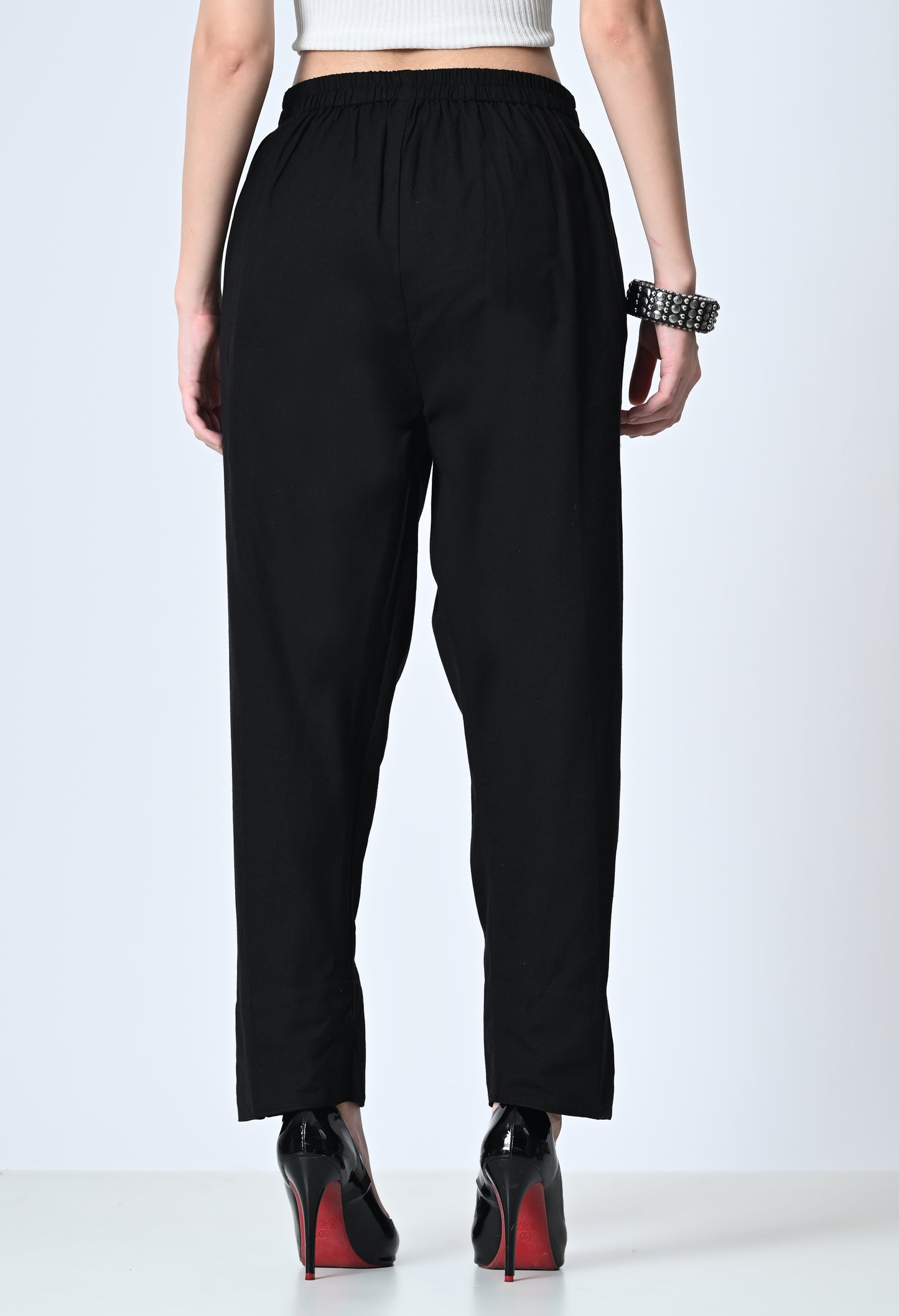 MAURYA Women's Black 100% Cotton Full-Elasticated Waist Regular Pant with 2 Side Pockets (MPT011)
