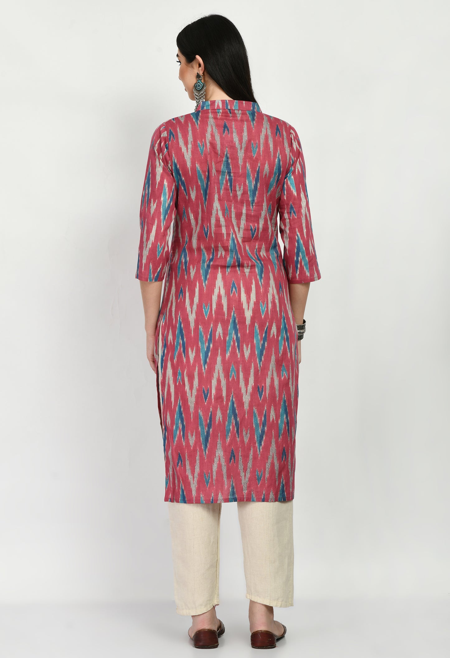 MAURYA Women's Cotton Ikkat Print Pink Color Calf Length Straight Kurta (MKT027)