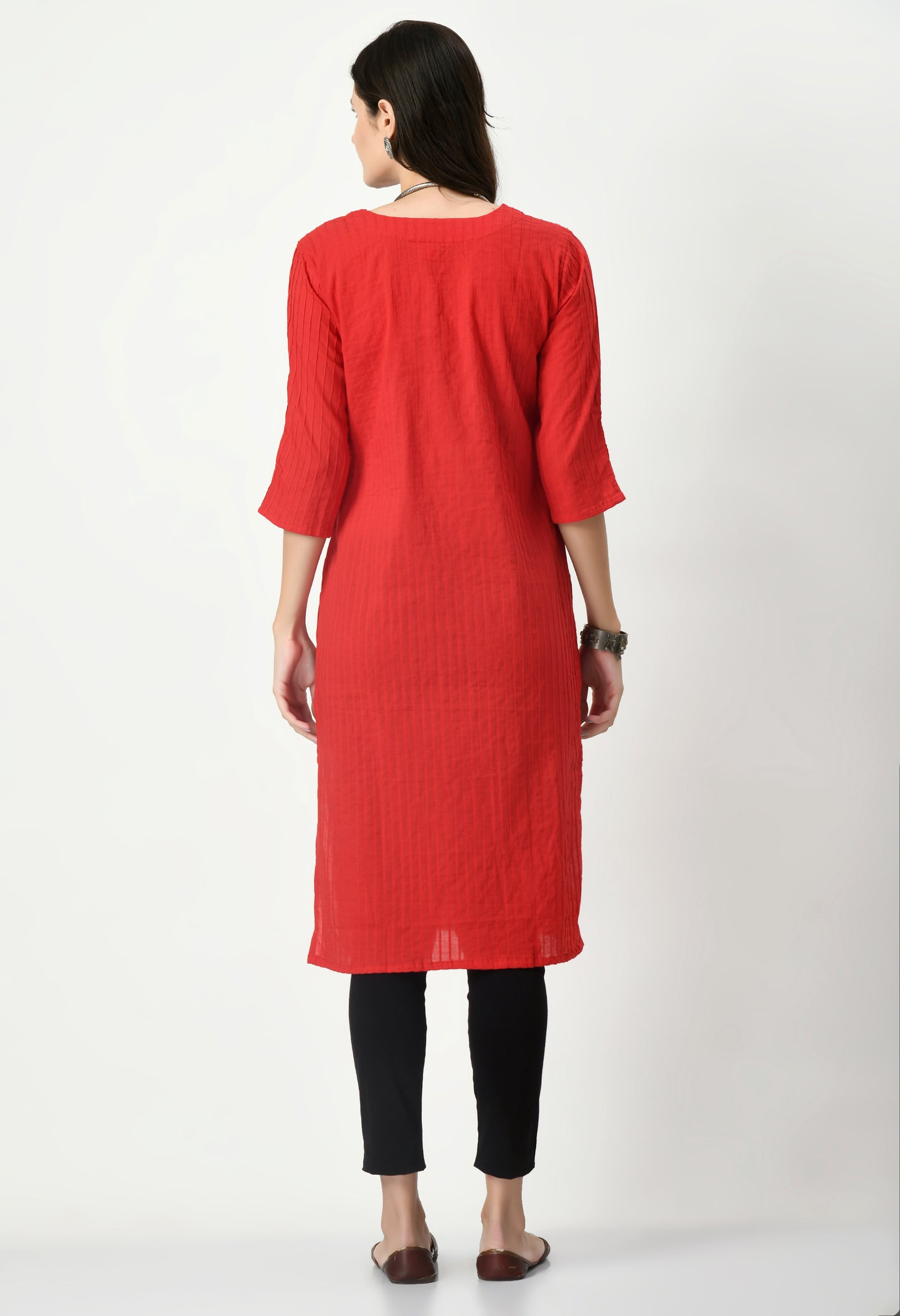 MAURYA Women's Pure Cotton Pintex Red Hand Work Calf Length Straight Kurti (MKT082)