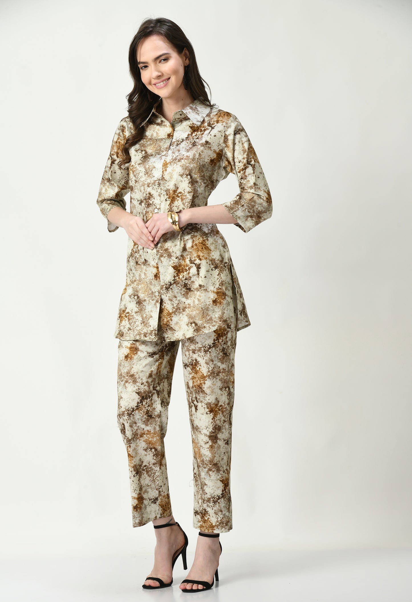MAURYA Women's Brown Colour Cotton Satin Distress Print Straight Fit Western Co-Ord (MCS015)
