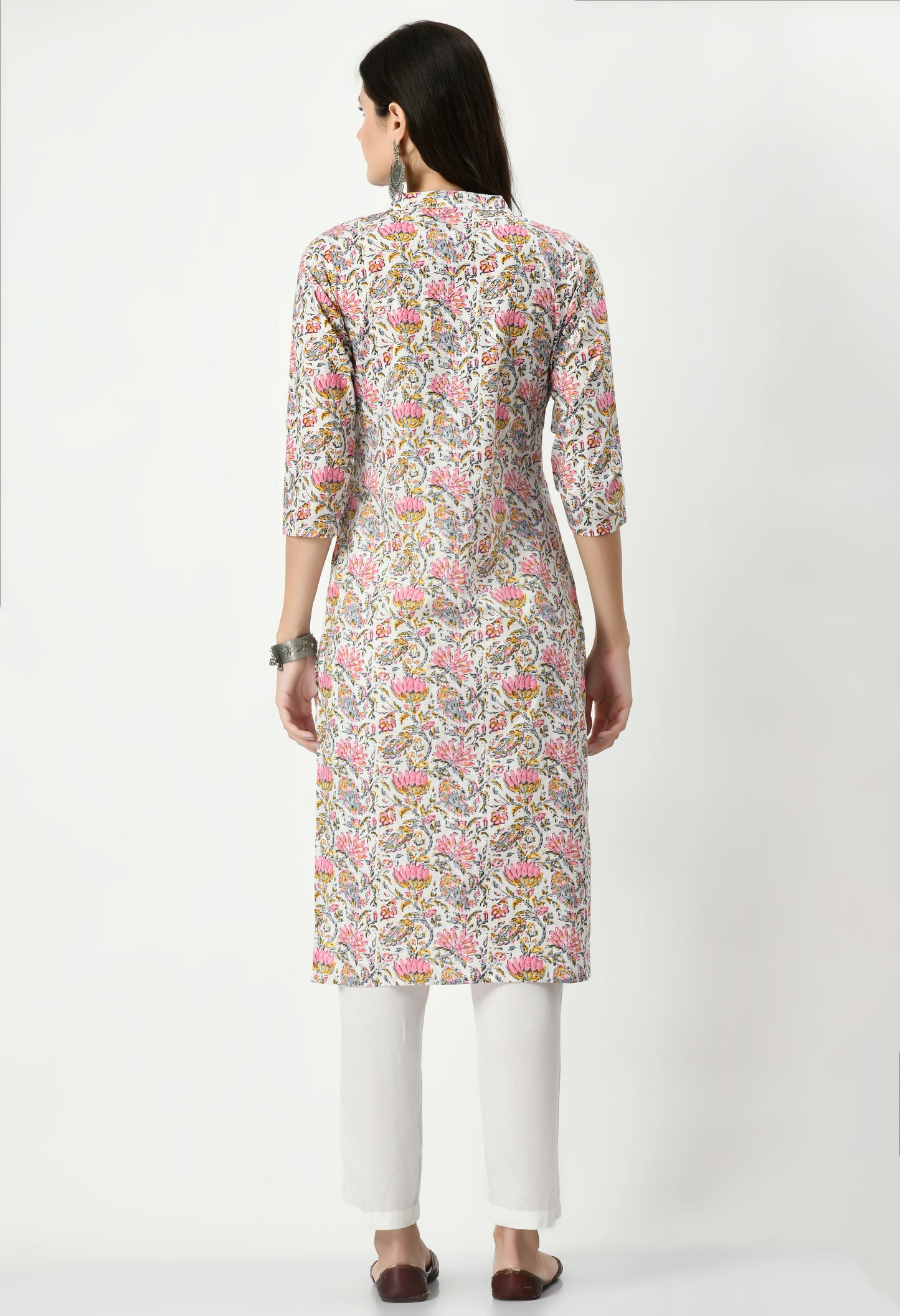 MAURYA Women's Pure Cotton Multicolor Calf Length Floral Print with Functional Buttons Straight Kurti (MKT076)