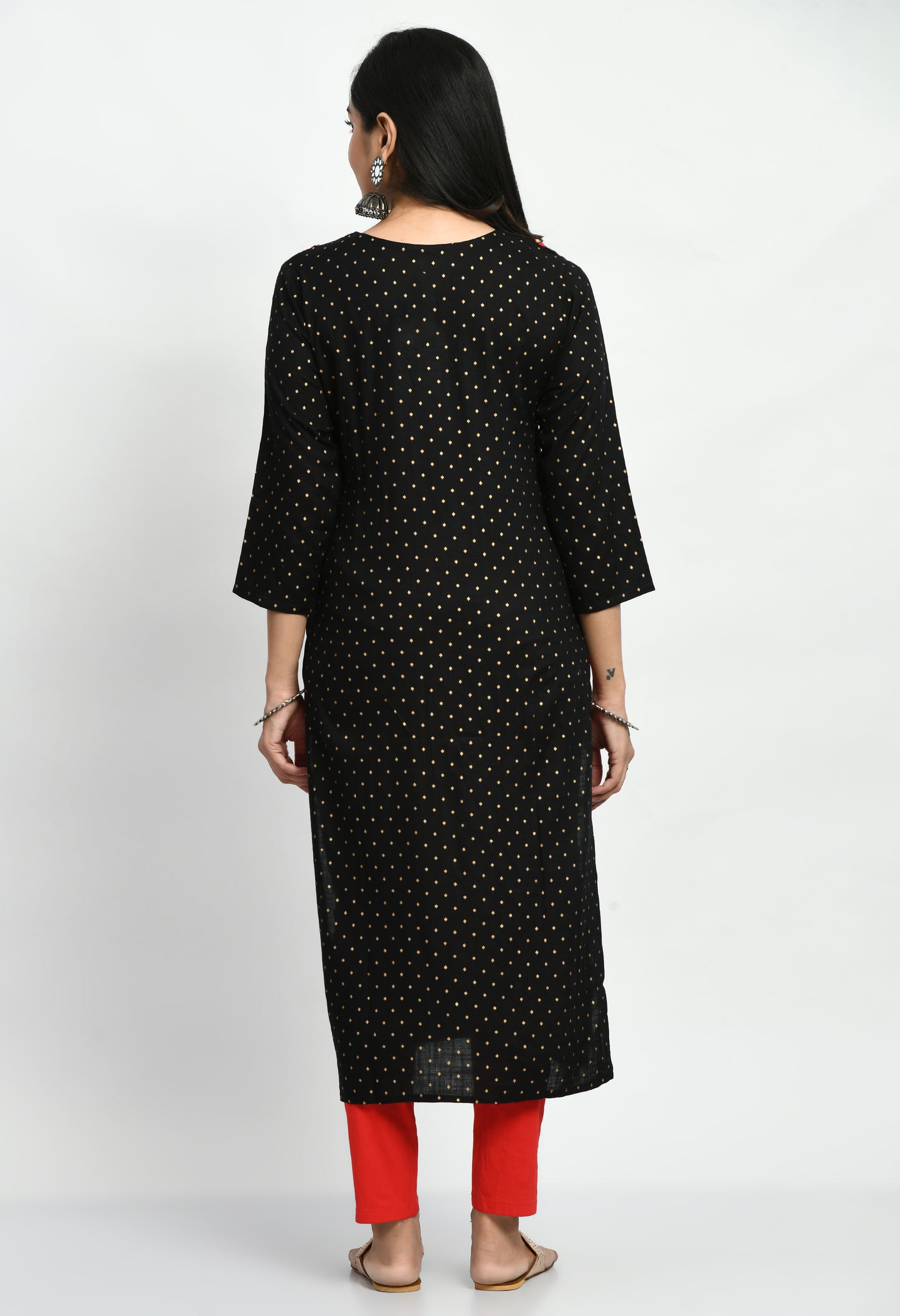 MAURYA Women's Rayon Slub Black Solid Mirror Embroidery Calf Length Straight Kurti (MKT048)